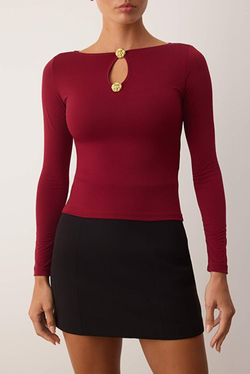 Accessory/Cut out Detailed Long Sleeve Fitted Knit Blouse