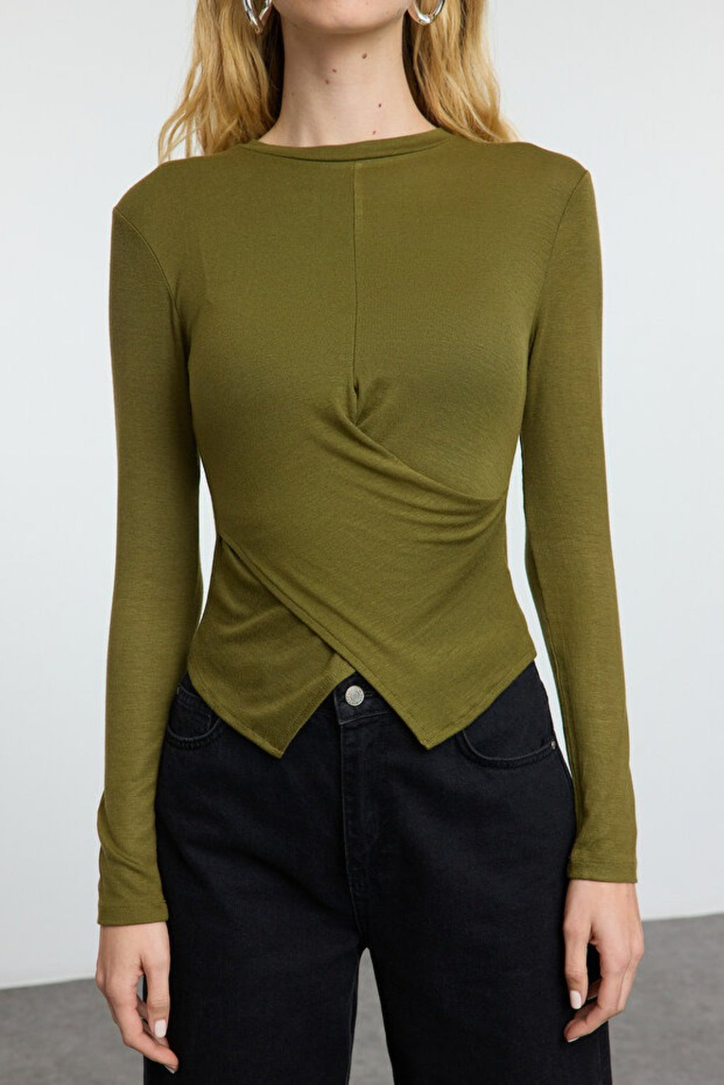 Double-Breasted Knit Blouse with Gather/Drape Detail