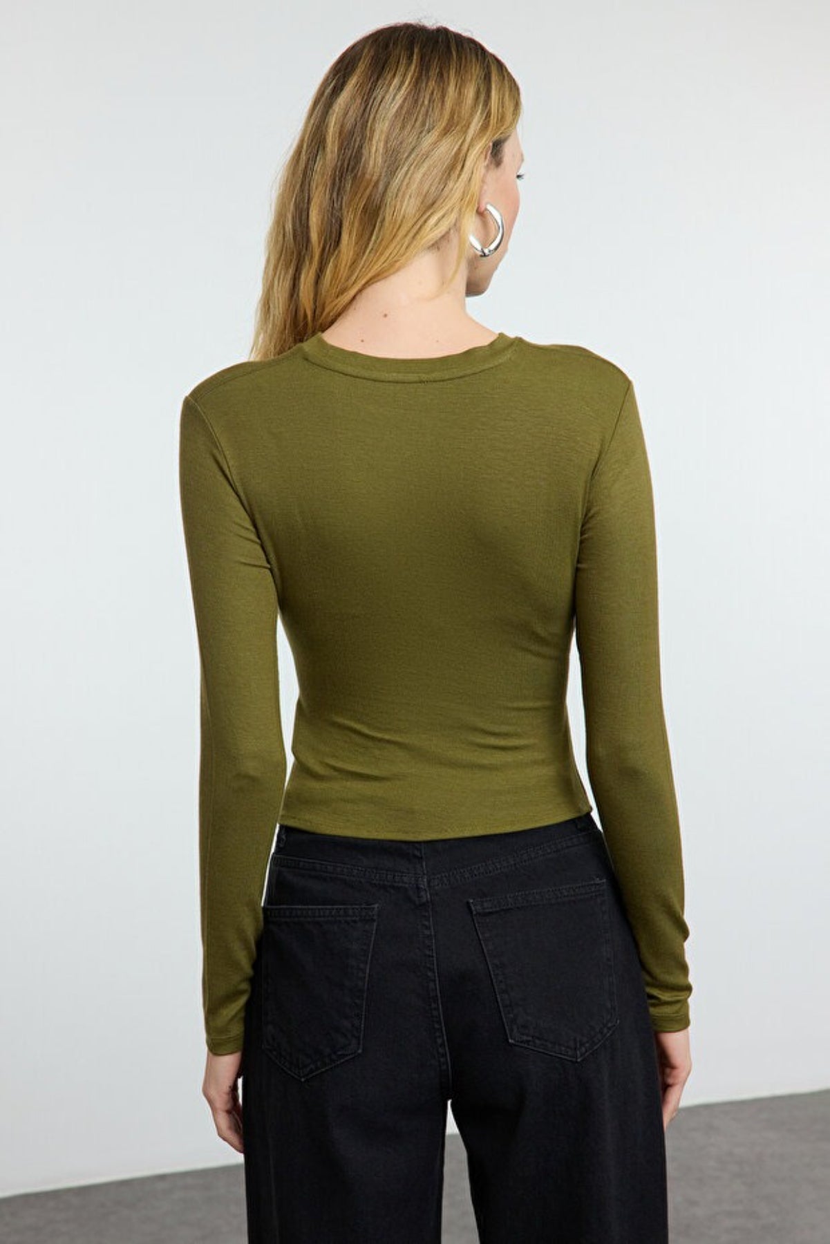 Double-Breasted Knit Blouse with Gather/Drape Detail