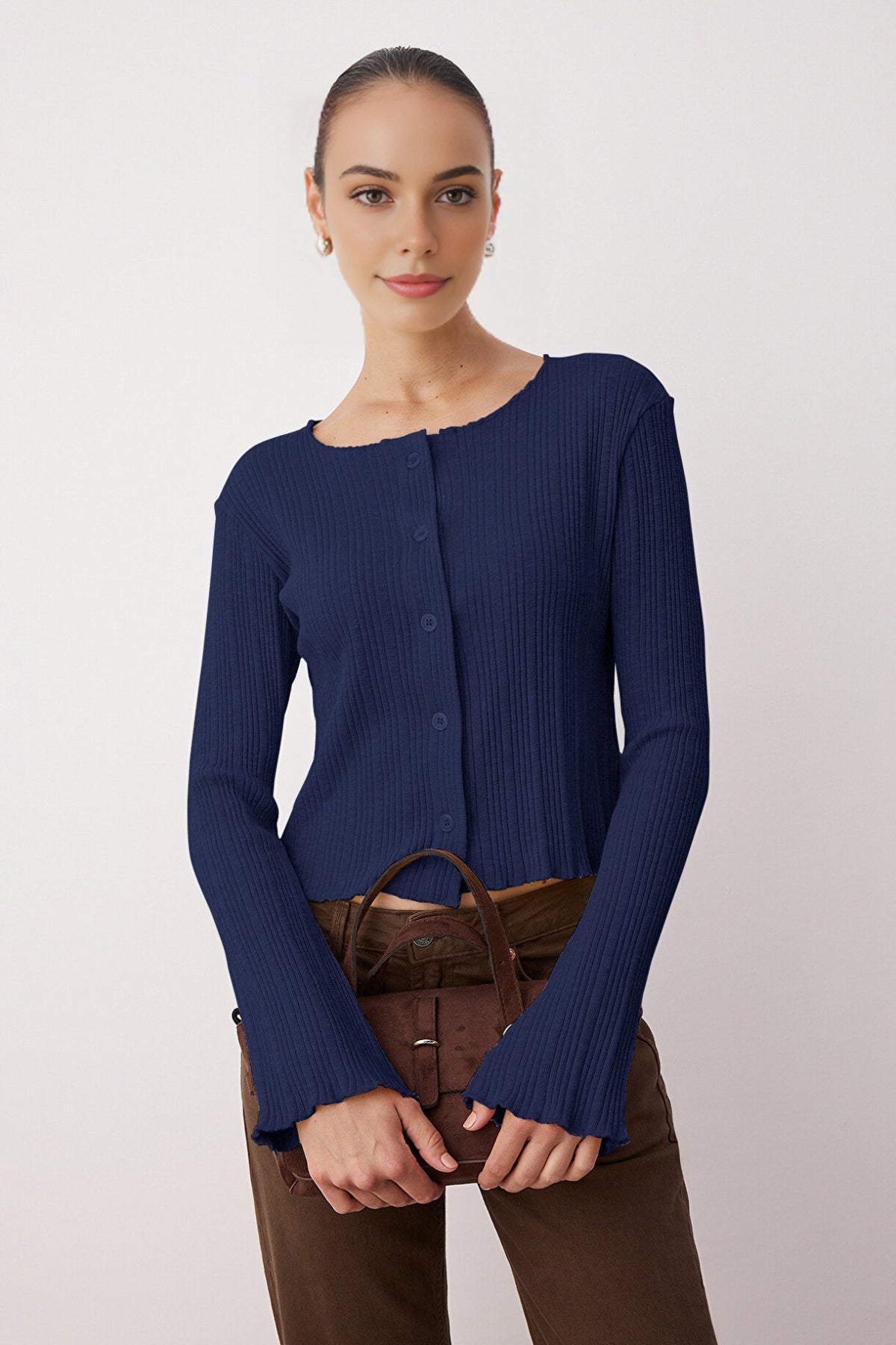 Jacquard Fitted Knit Blouse with Button Detail