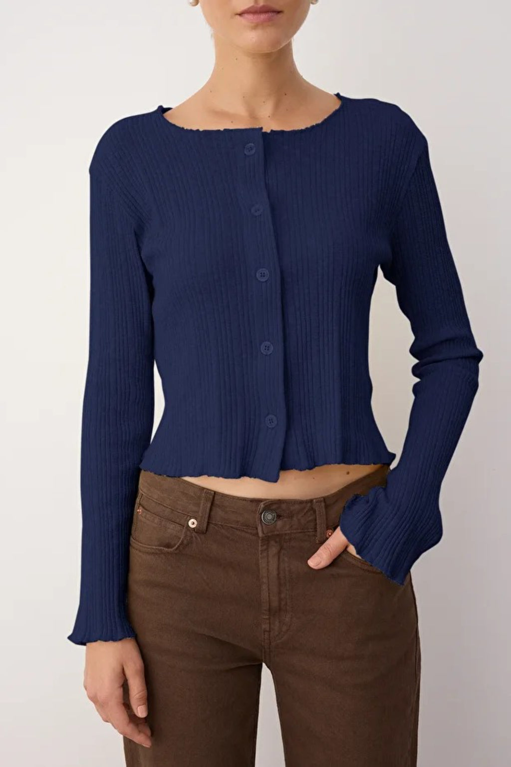 Jacquard Fitted Knit Blouse with Button Detail