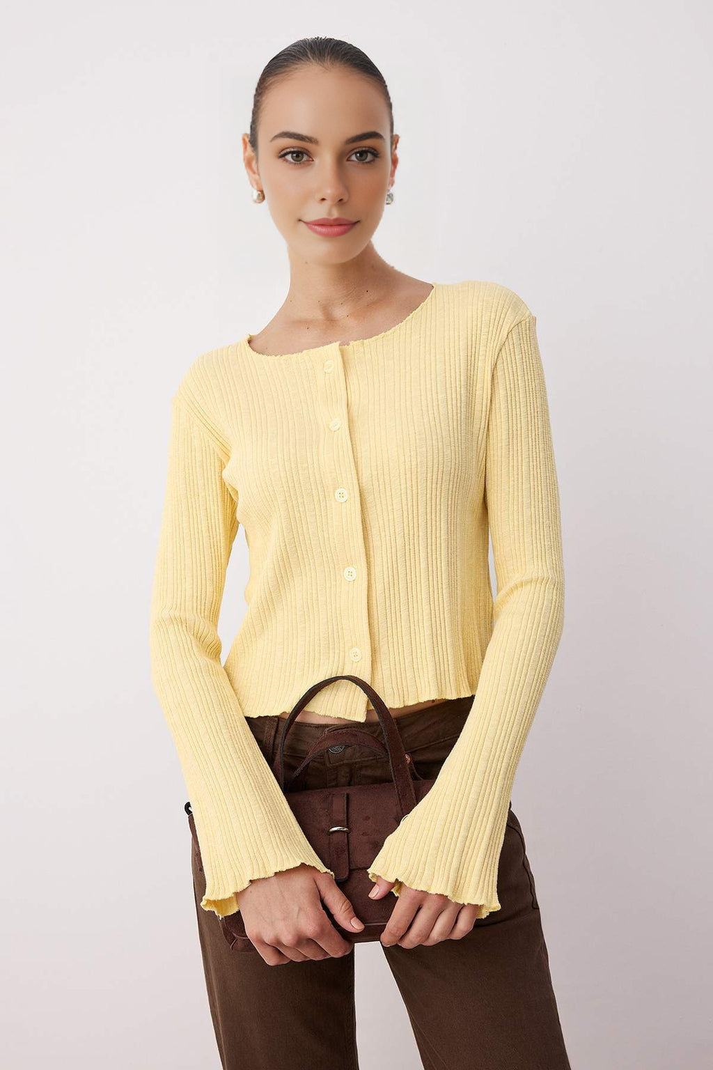 Jacquard Fitted Knit Blouse with Button Detail