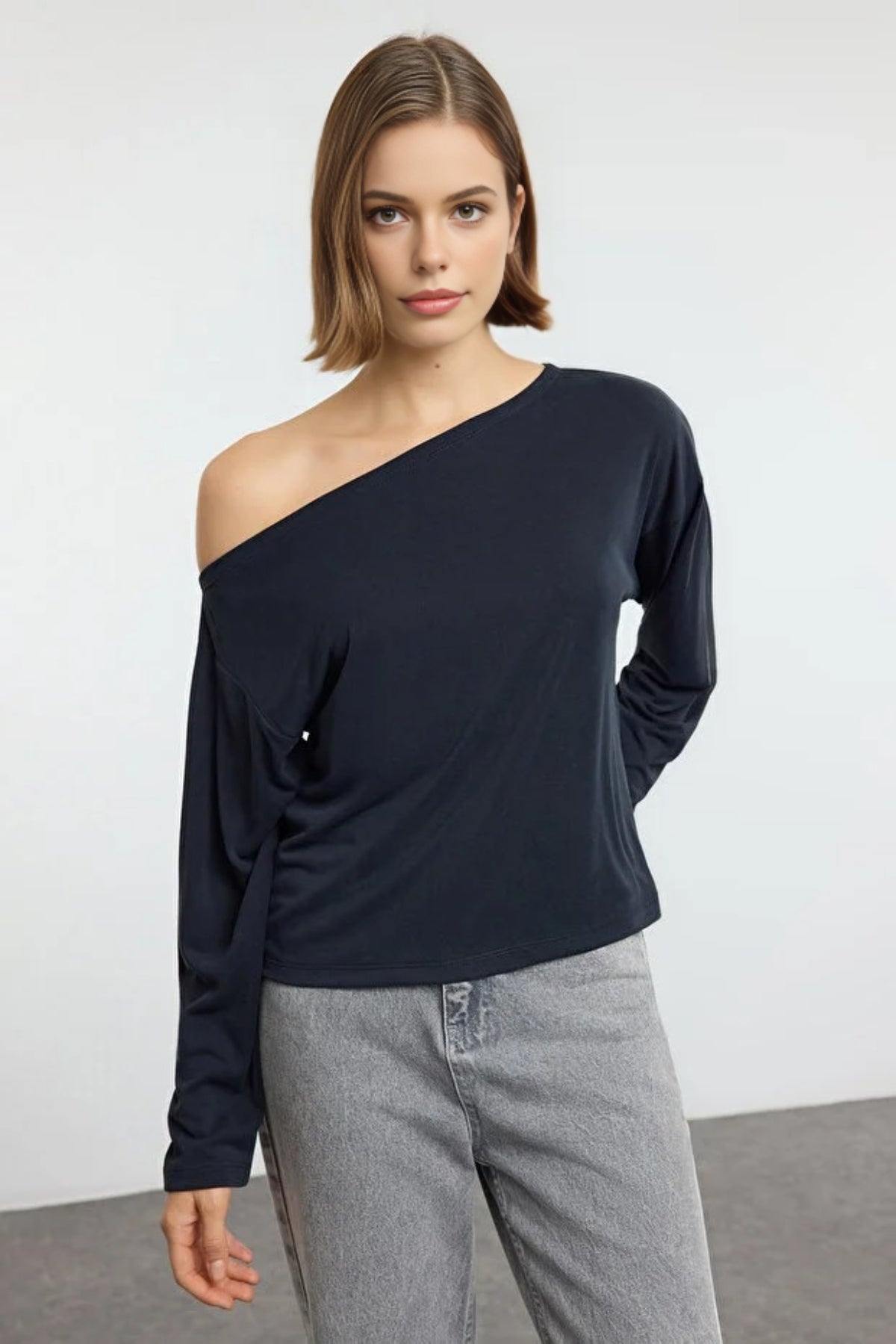 Boat Neck Relaxed Cut Knit Blouse
