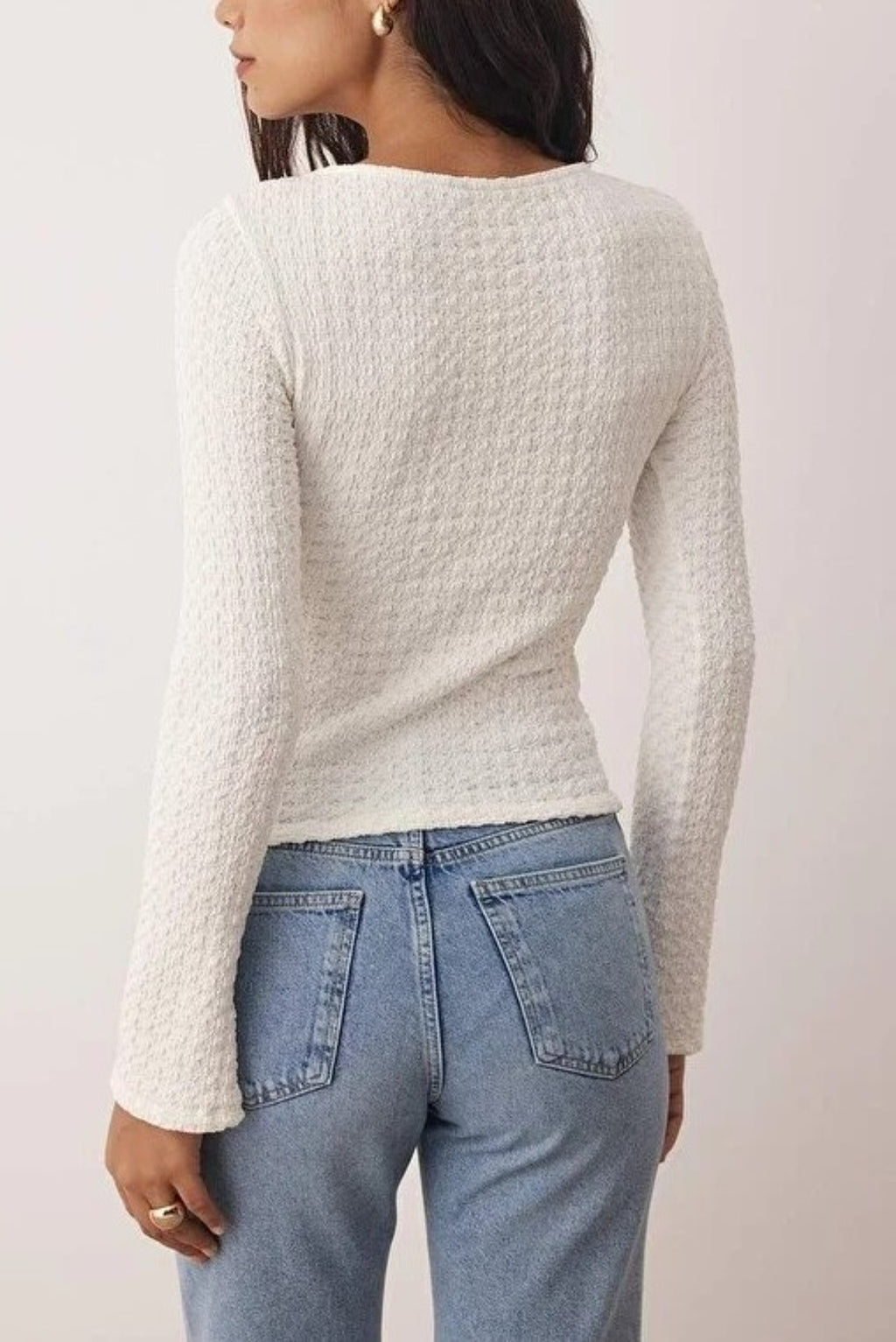 Textured Long Sleeve Knit Blouse with Accessory Detail
