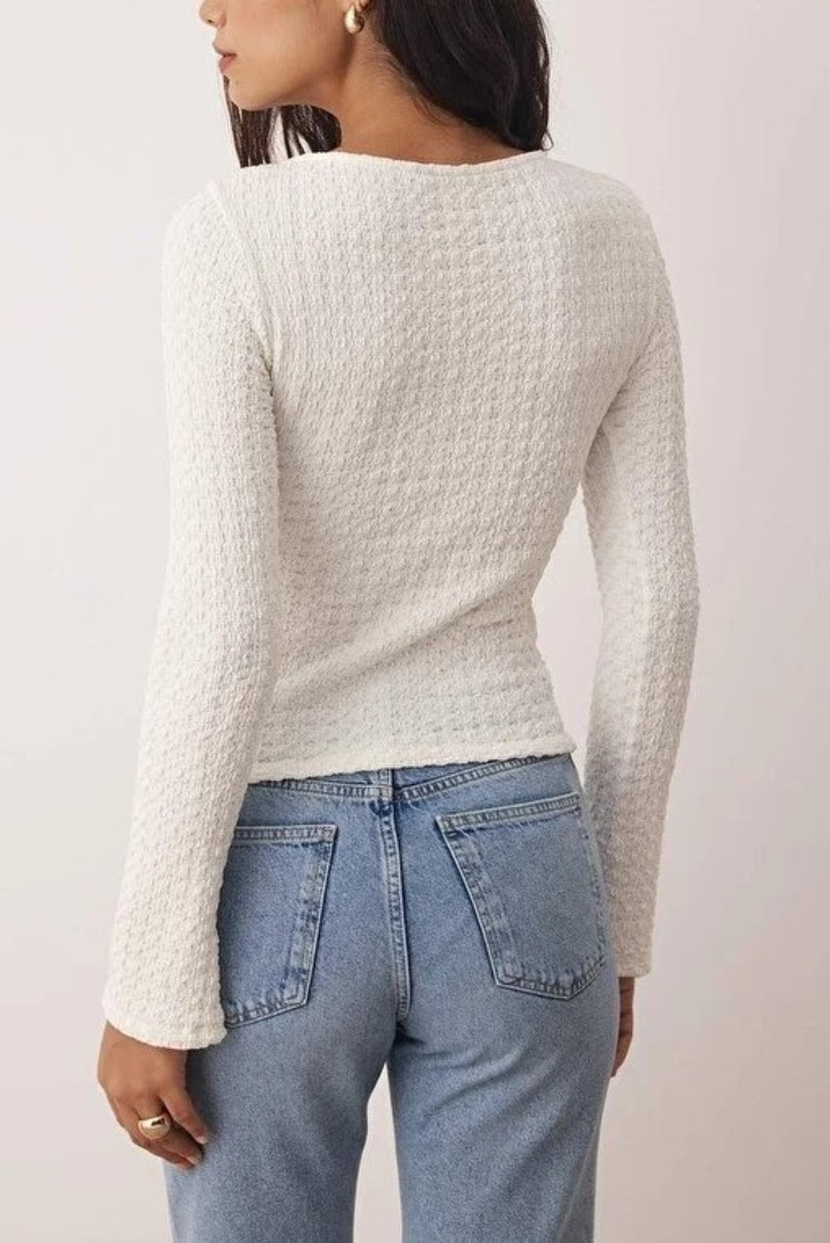 Textured Long Sleeve Knit Blouse with Accessory Detail