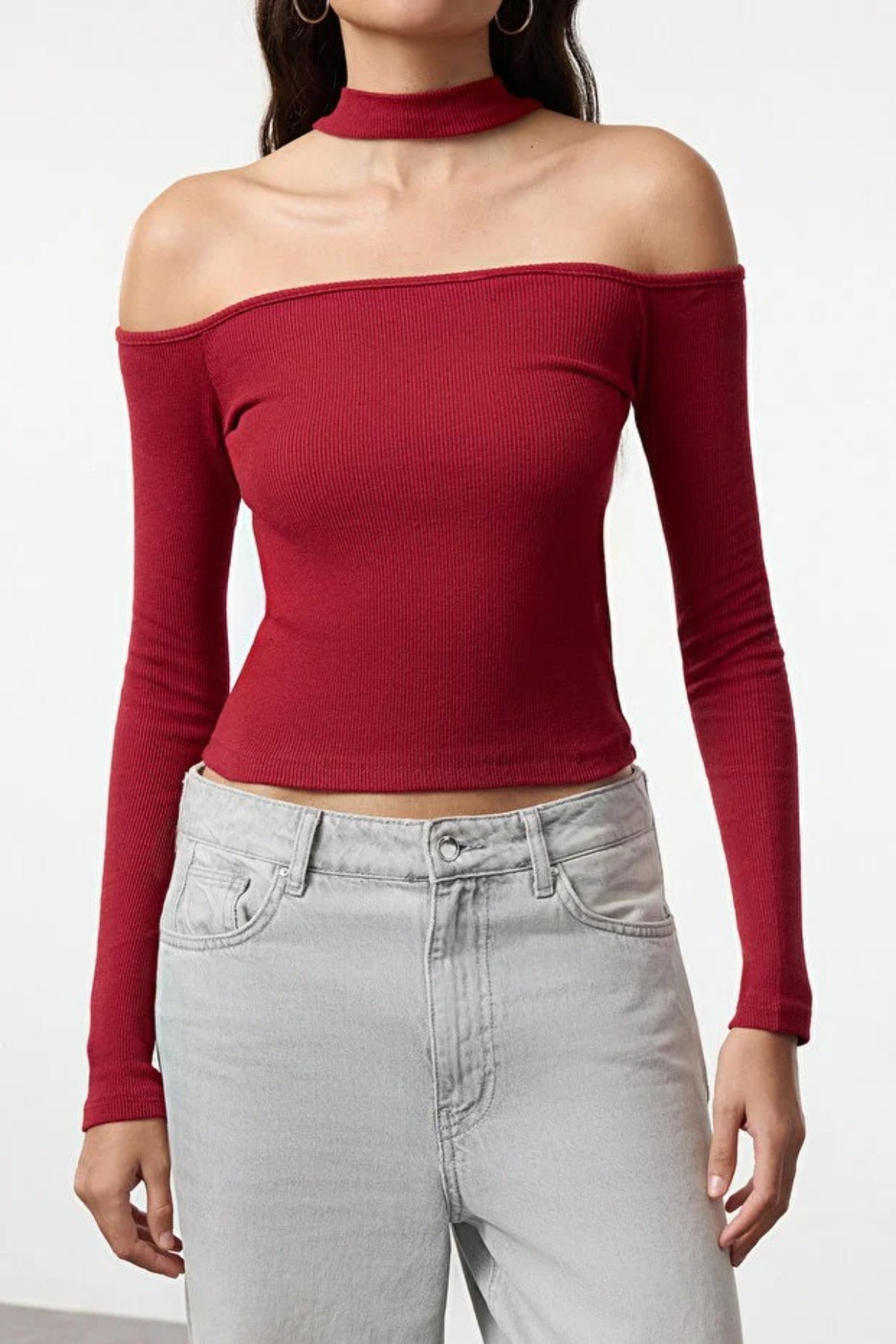 Choker Detailed Fitted Crop Ribbed Knit Blouse