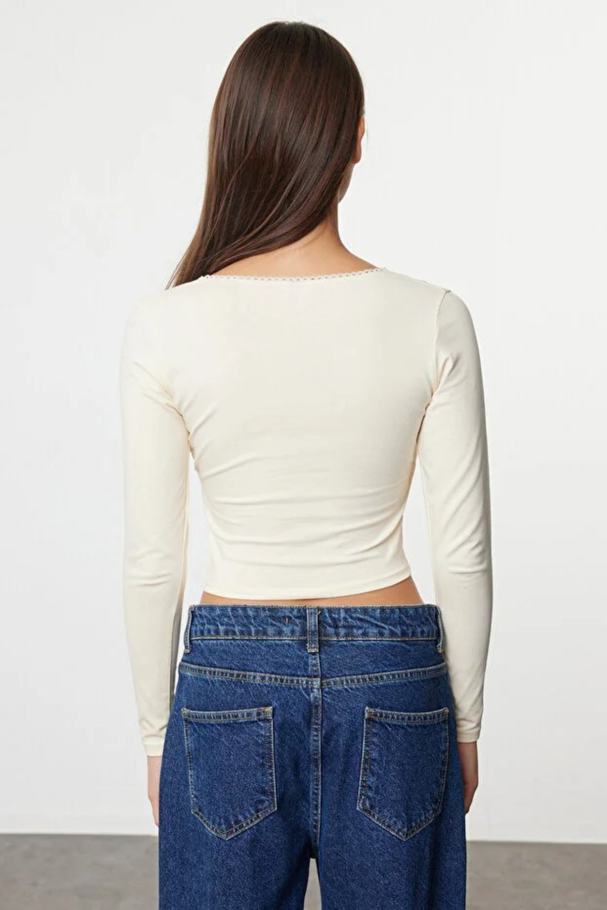 V-Neck Long Sleeve Crop Cotton Knit Blouse