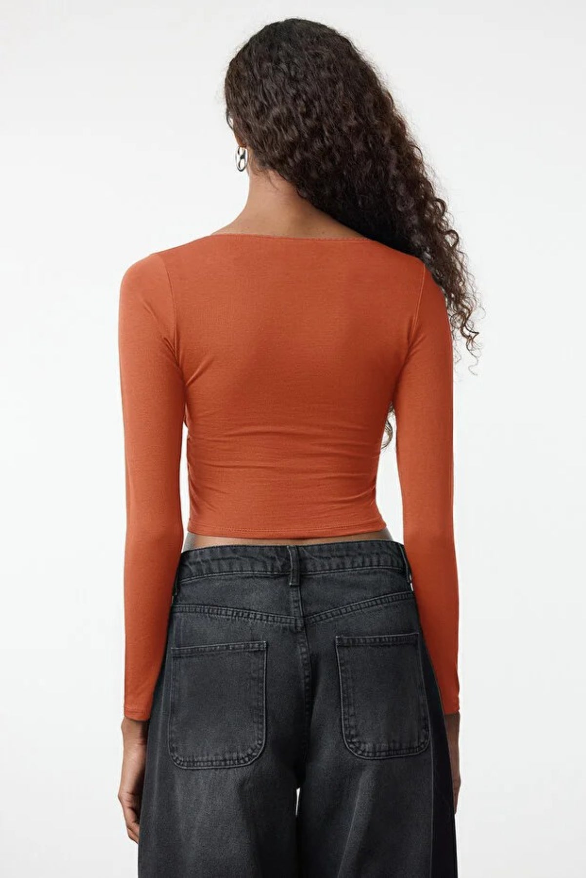 V-Neck Long Sleeve Crop Cotton Knit Blouse