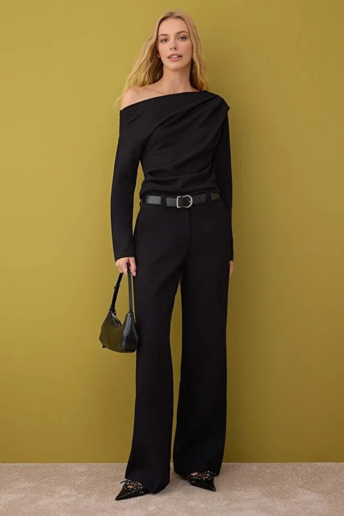 Asymmetrical Collar Knit Blouse with Drape Detail