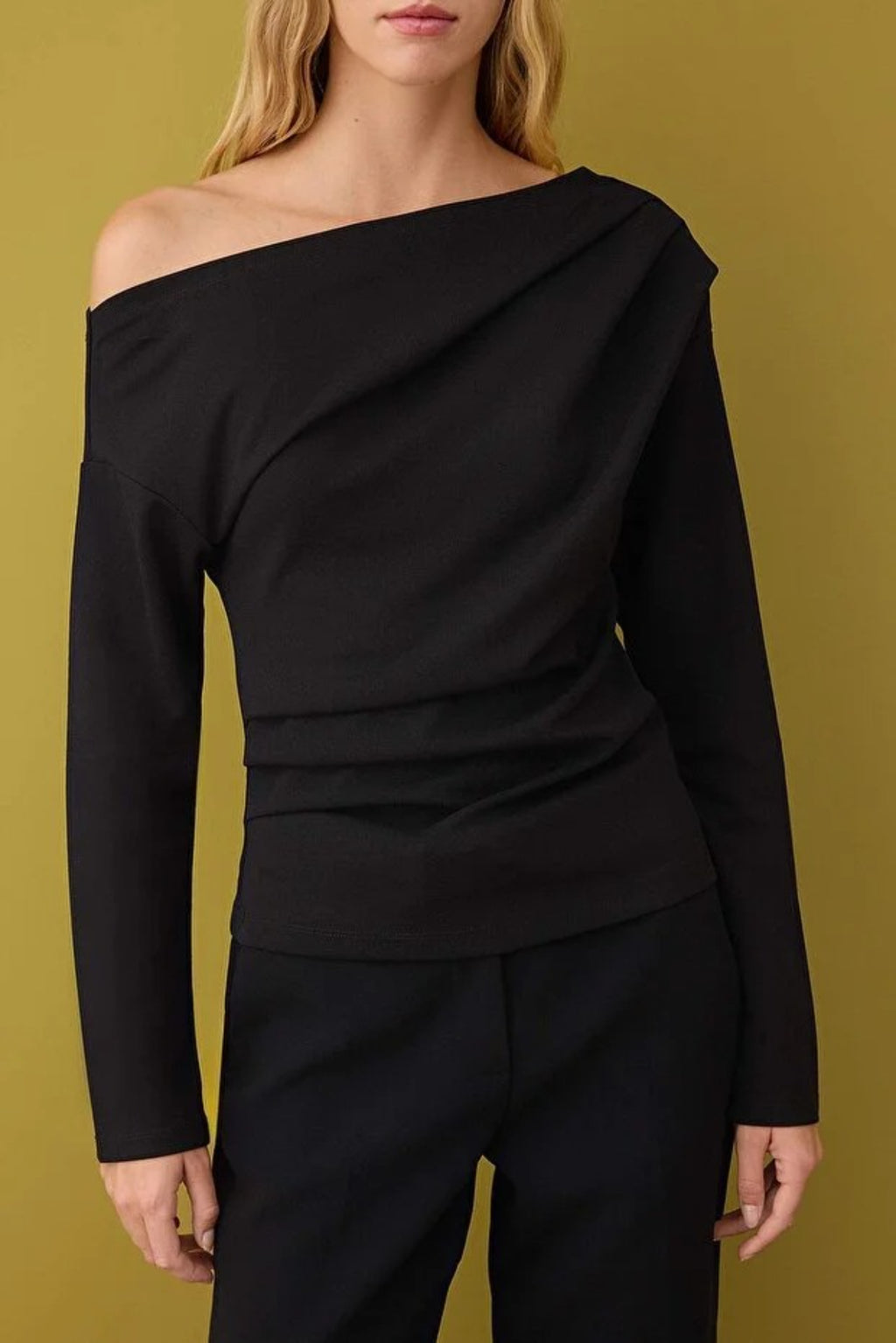 Asymmetrical Collar Knit Blouse with Drape Detail