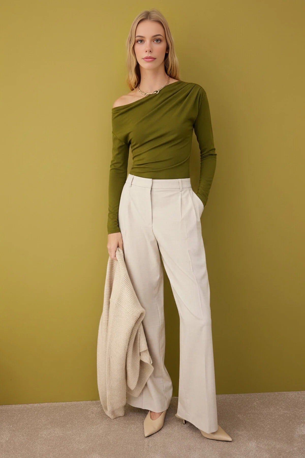 Asymmetrical Collar Knit Blouse with Drape Detail