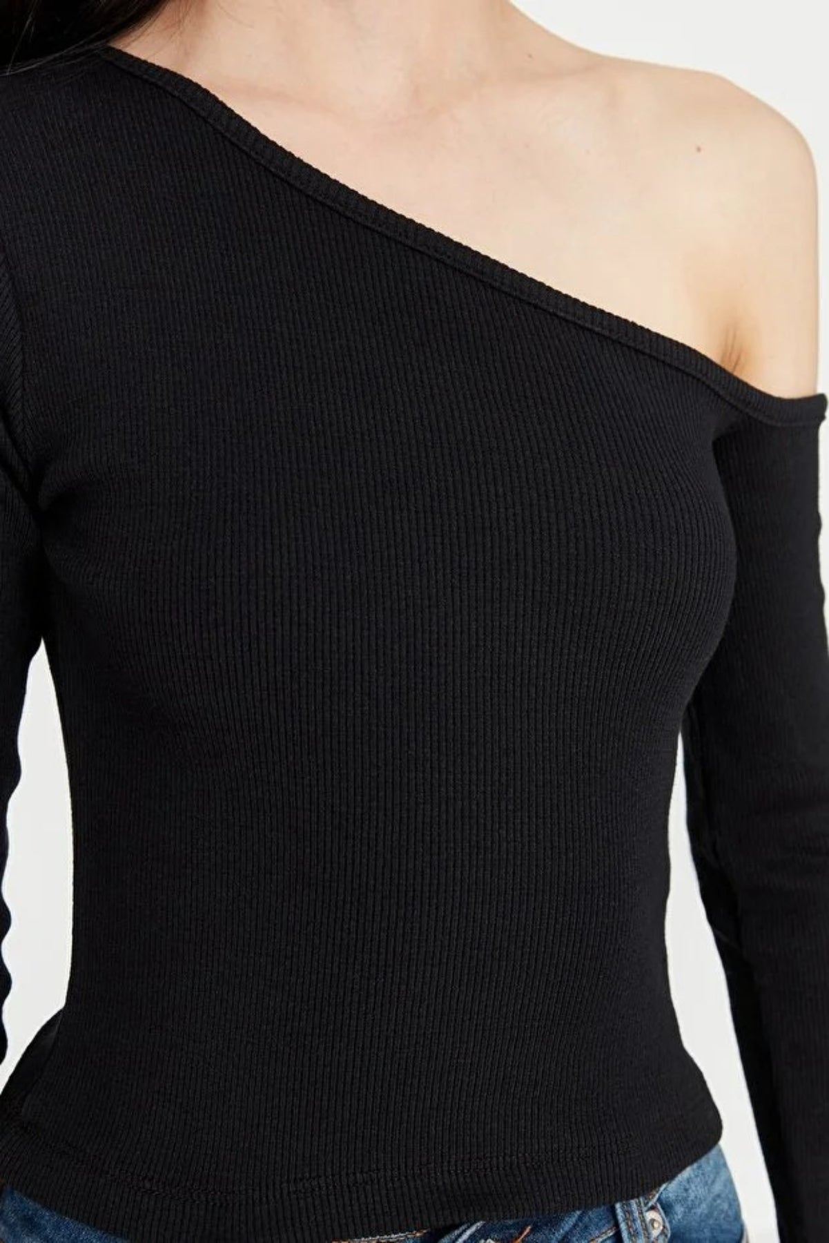 Fitted Asymmetric Collar Ribbed Knit Blouse
