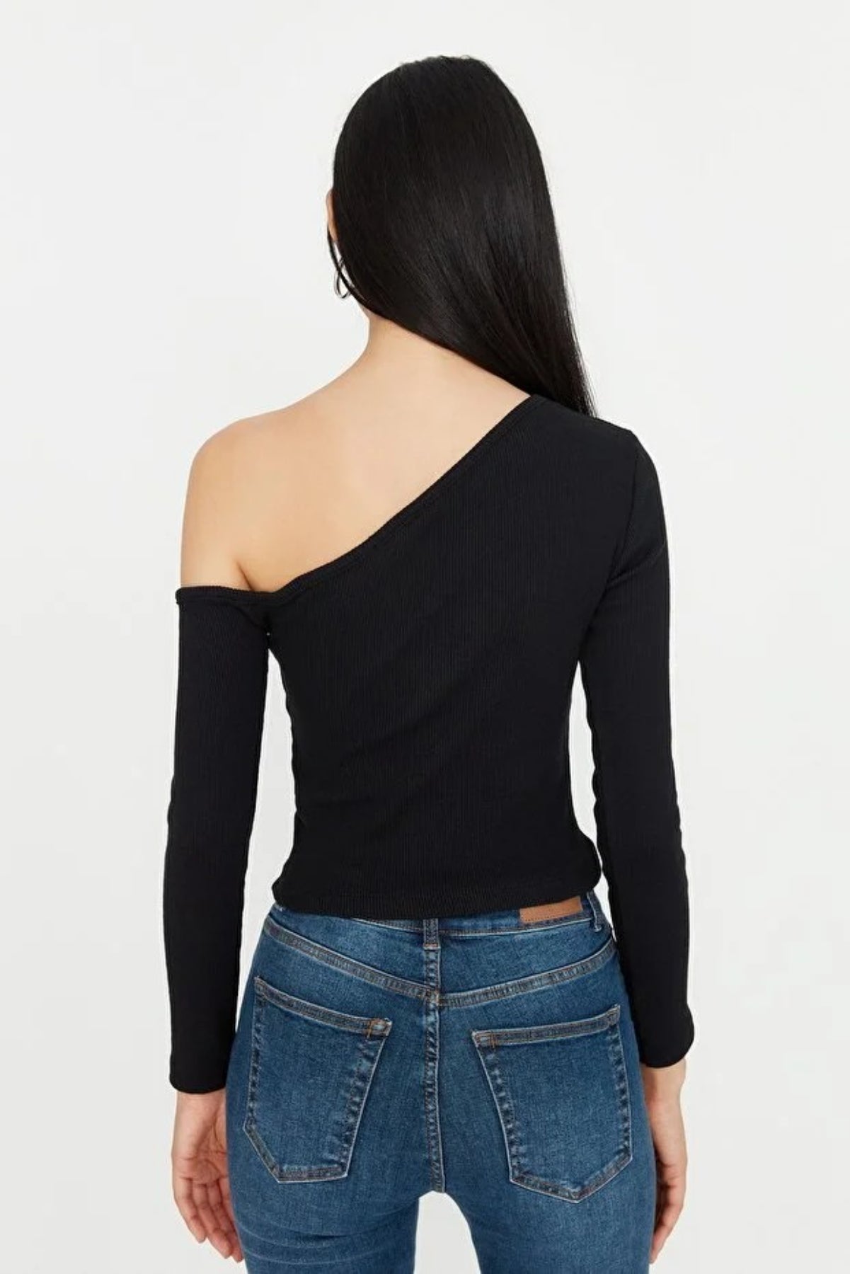 Fitted Asymmetric Collar Ribbed Knit Blouse