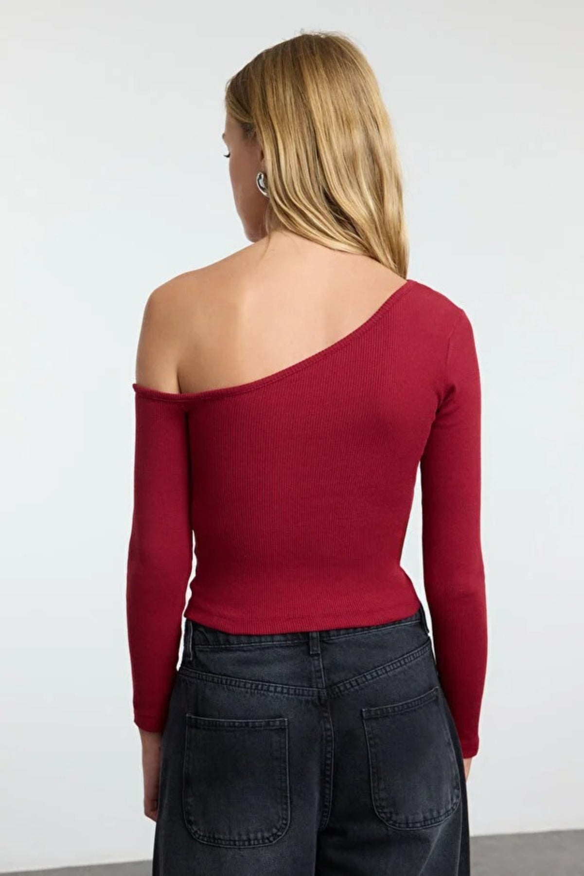Fitted Asymmetric Collar Ribbed Knit Blouse