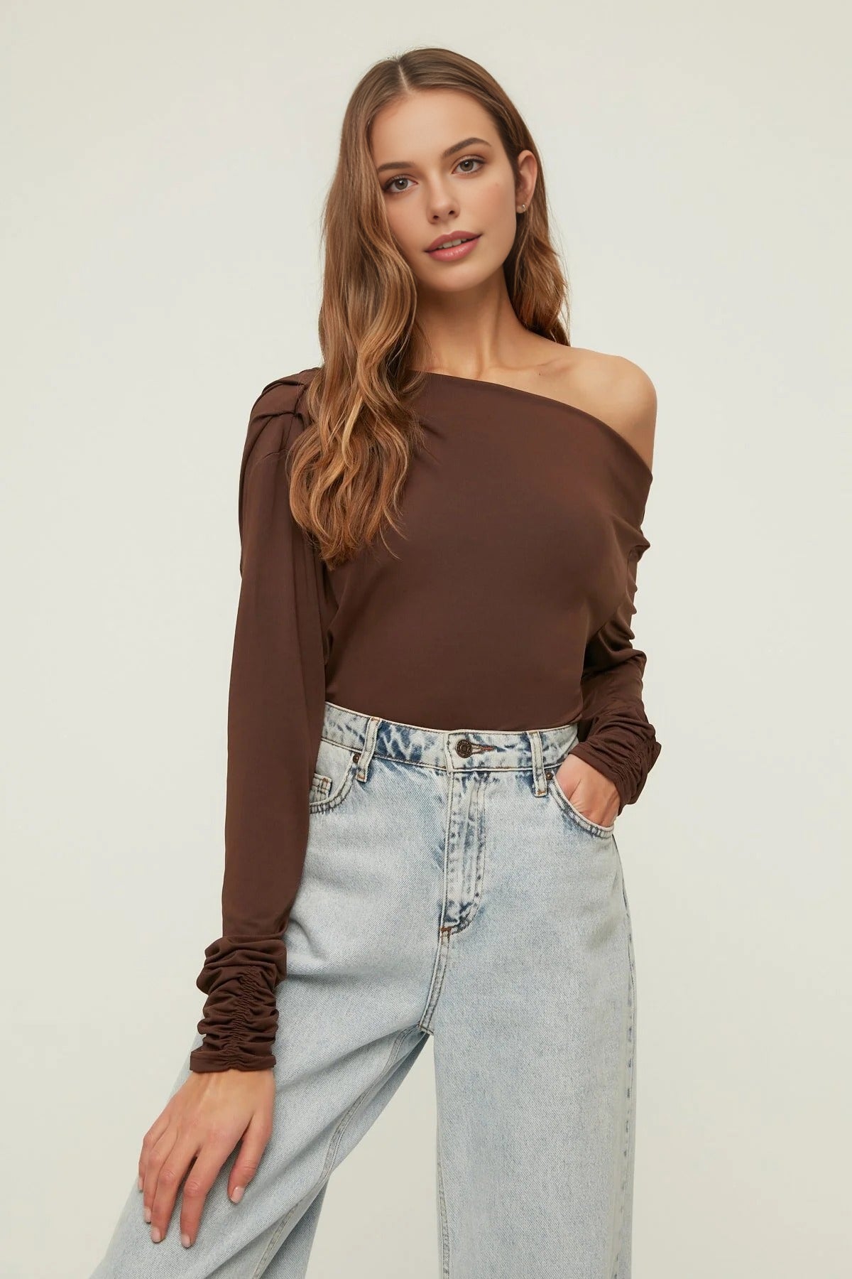 Asymmetrical Collar Flowing Knit Blouse