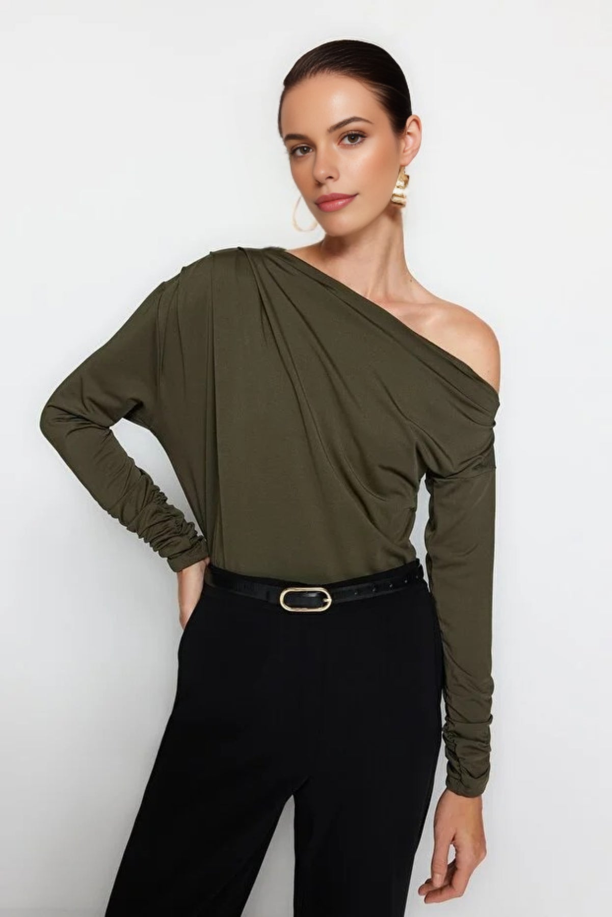 Asymmetrical Collar Flowing Knit Blouse