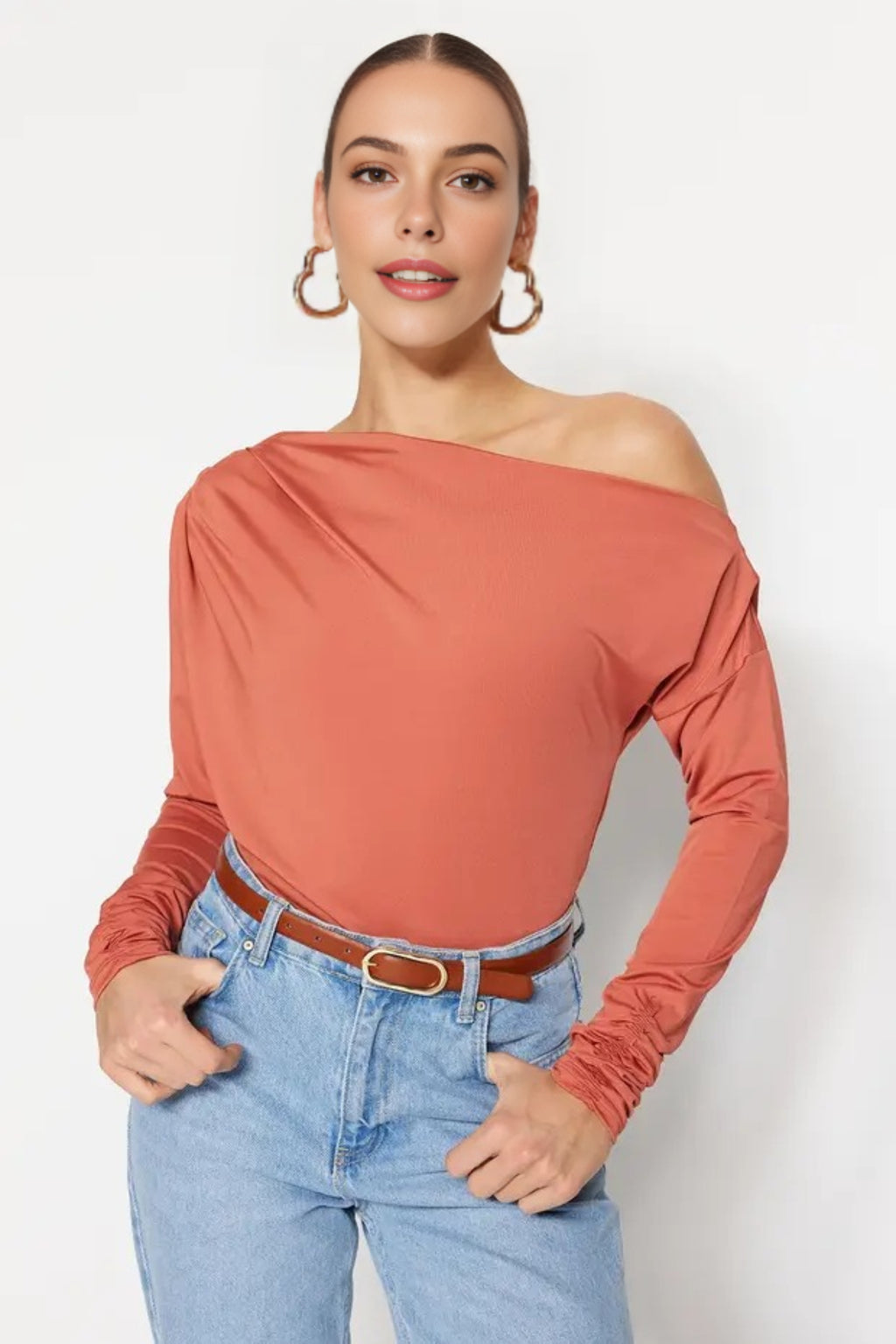 Asymmetrical Collar Flowing Knit Blouse
