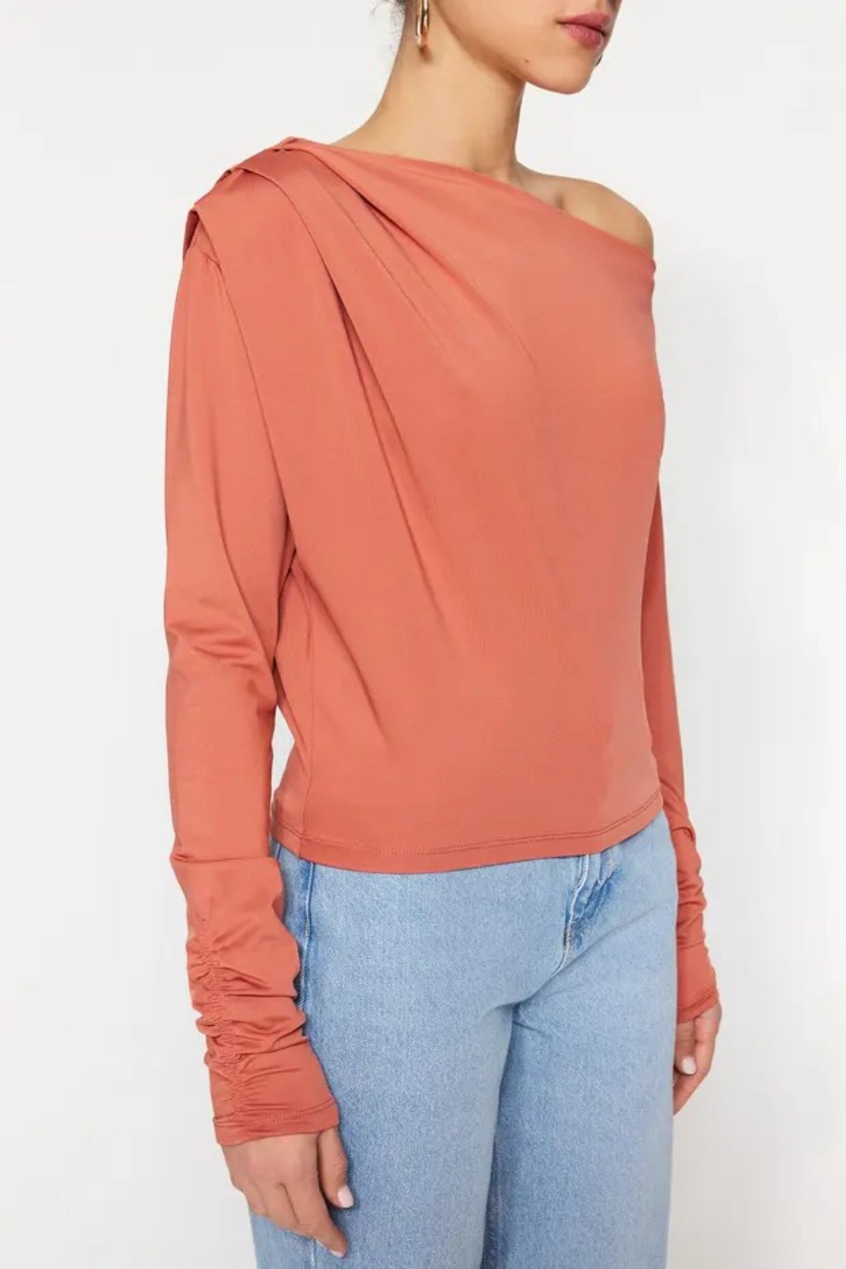 Asymmetrical Collar Flowing Knit Blouse