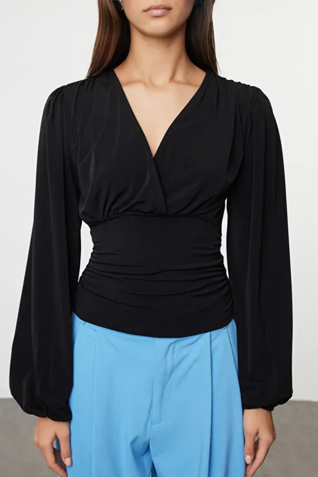Double-Breasted Long Sleeve Knit Blouse with Drape Detail