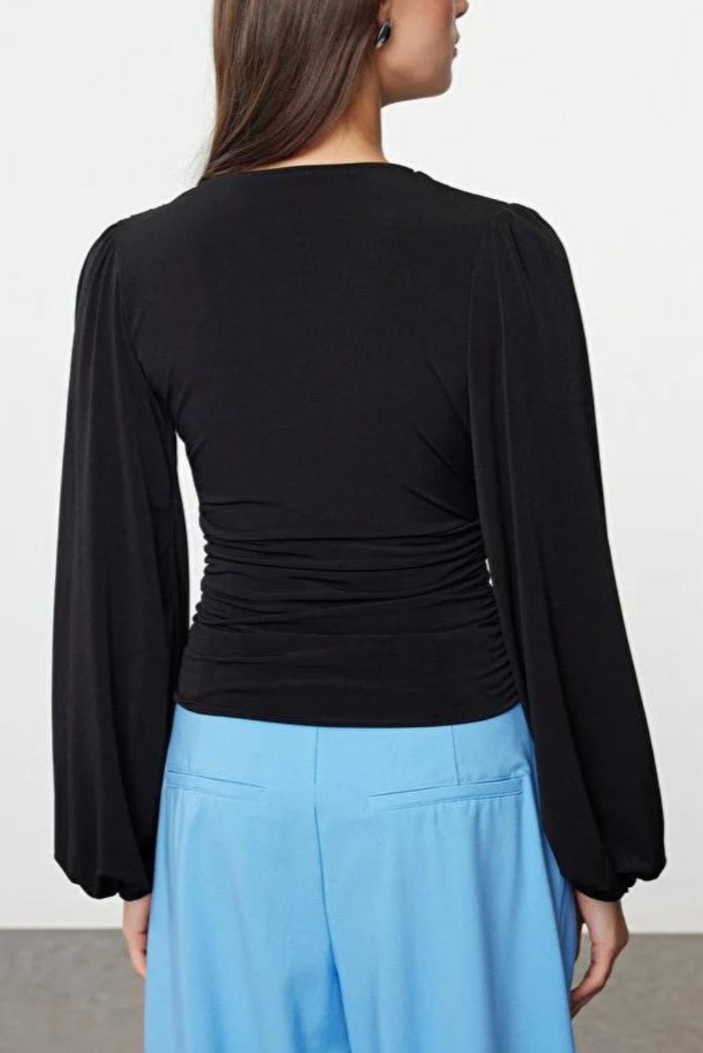 Double-Breasted Long Sleeve Knit Blouse with Drape Detail