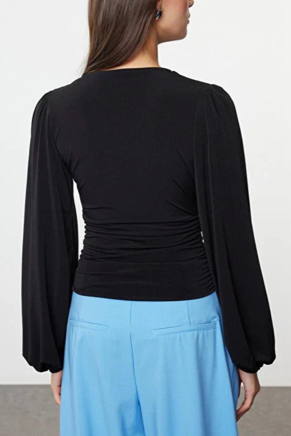 Double-Breasted Long Sleeve Knit Blouse with Drape Detail