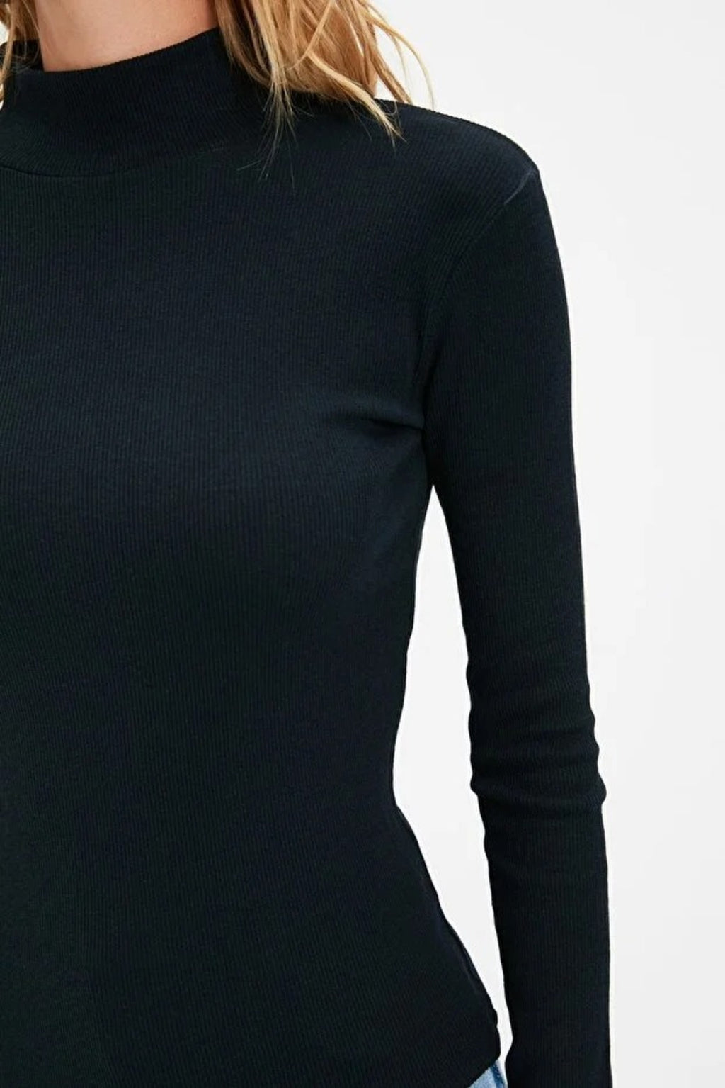 Fitted Stand Collar Long Sleeve Ribbed Knit Blouse