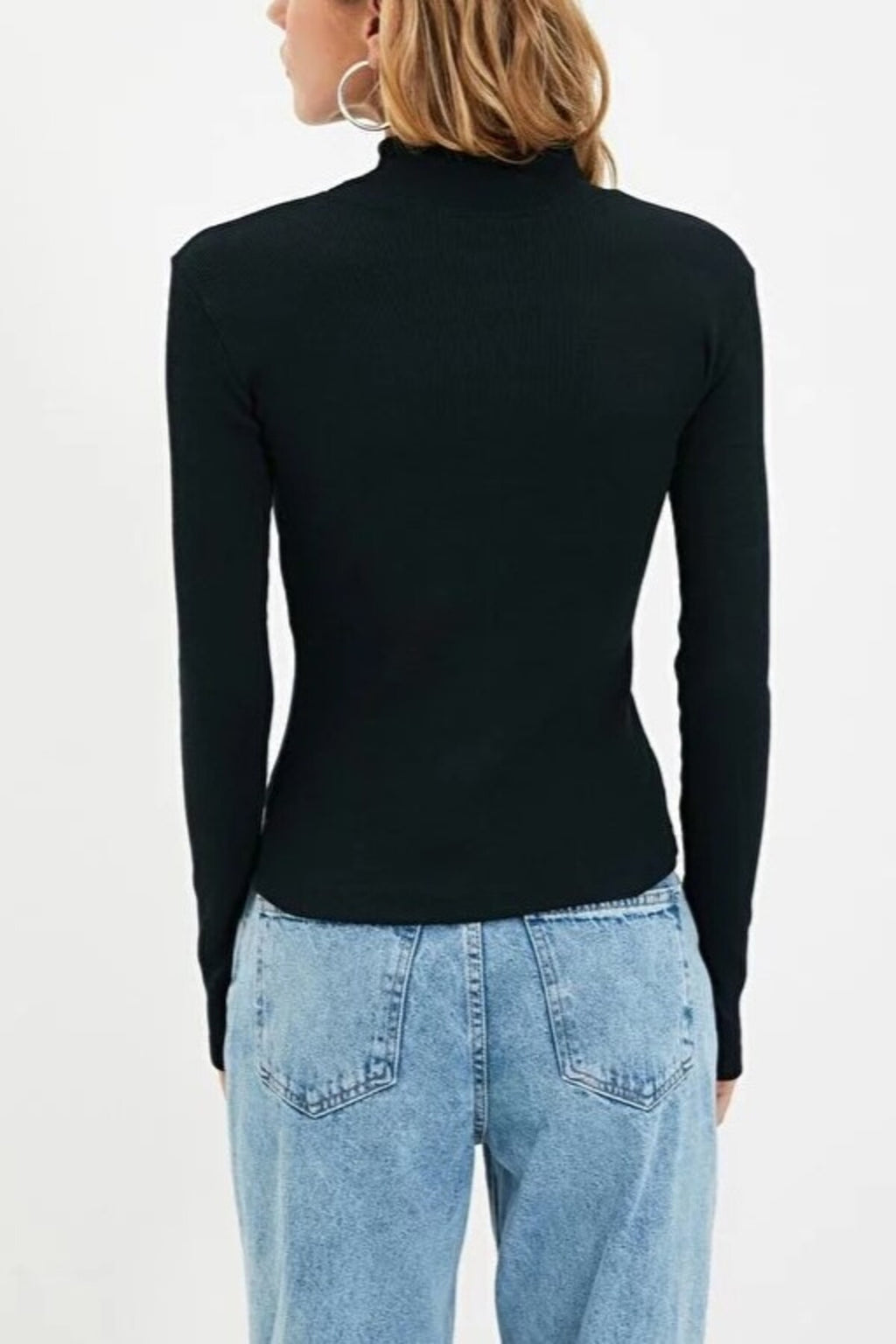 Fitted Stand Collar Long Sleeve Ribbed Knit Blouse