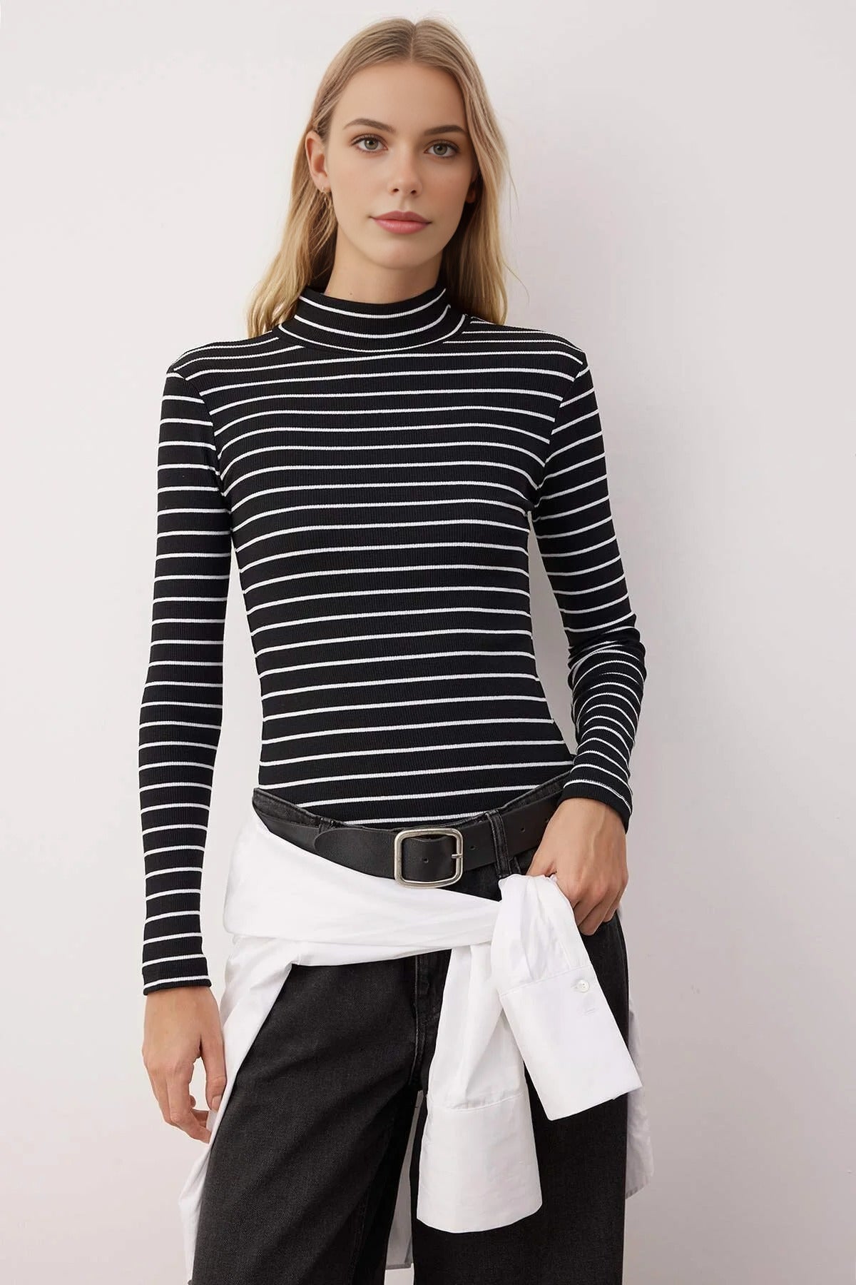Fitted Stand Collar Long Sleeve Ribbed Knit Blouse