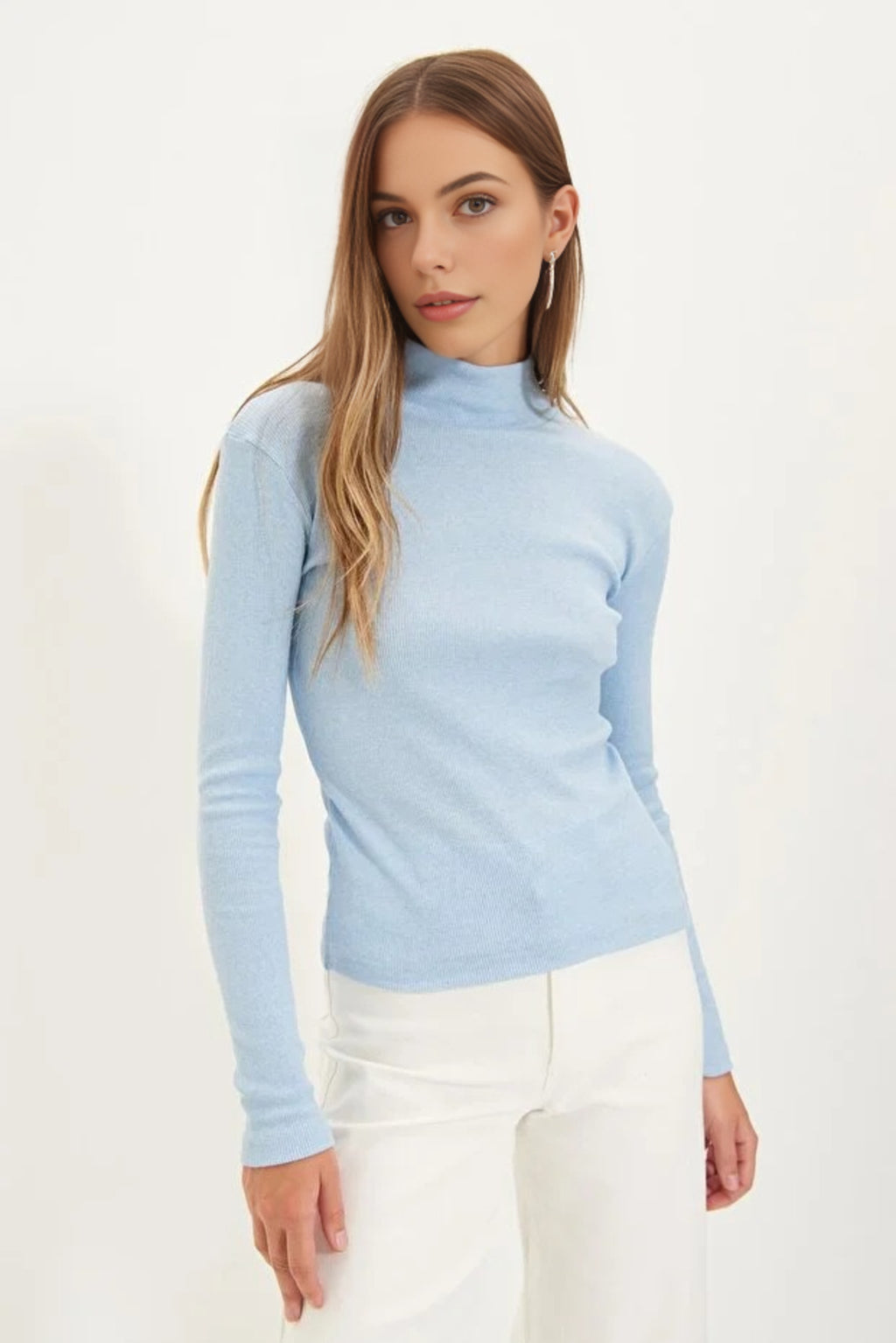Fitted Stand Collar Long Sleeve Ribbed Knit Blouse
