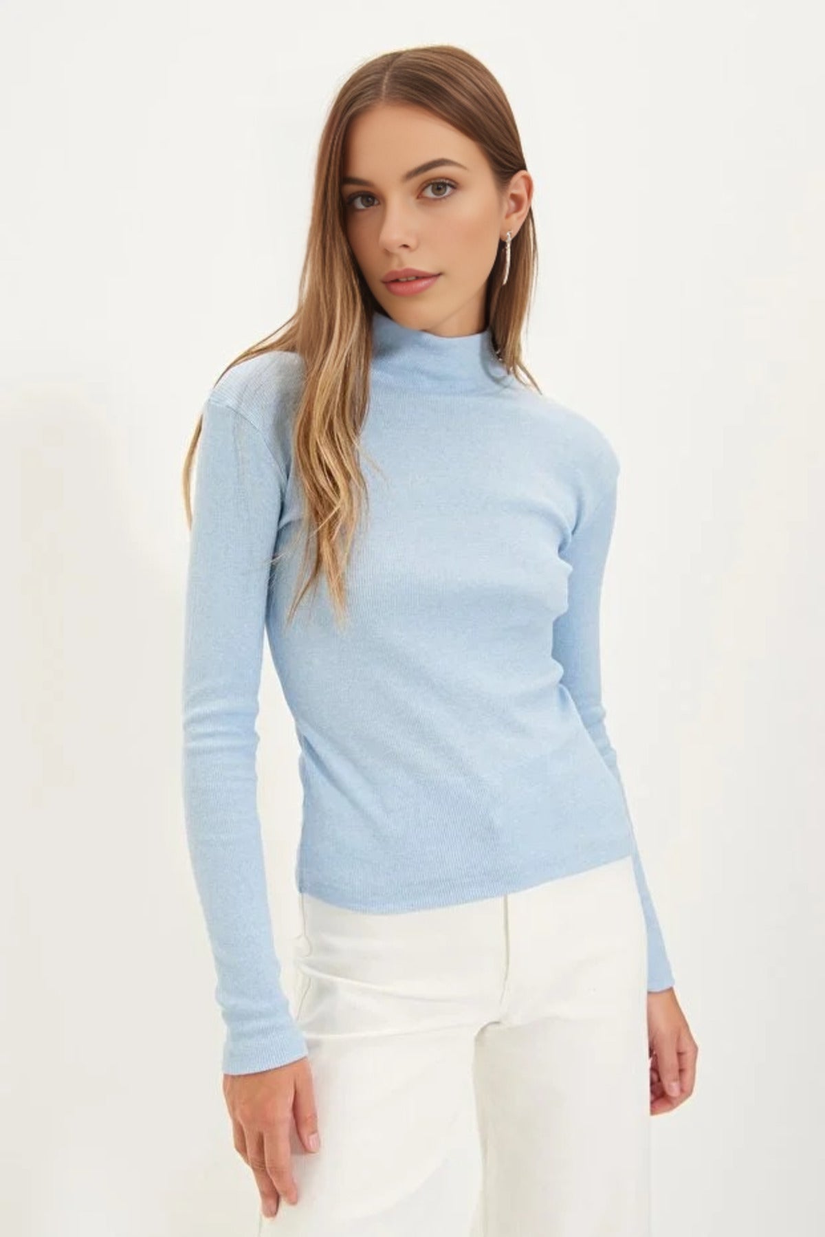 Fitted Stand Collar Long Sleeve Ribbed Knit Blouse