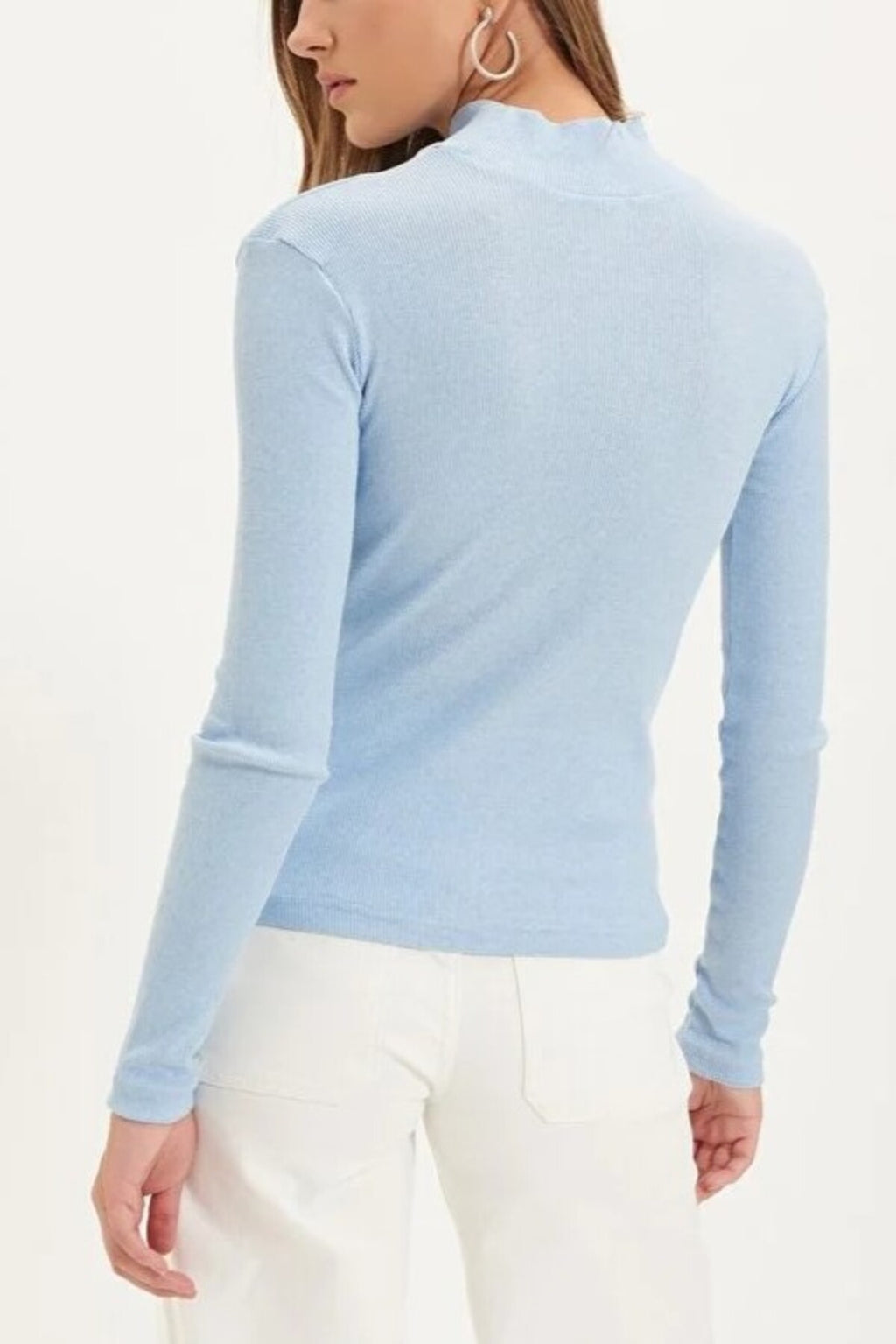 Fitted Stand Collar Long Sleeve Ribbed Knit Blouse