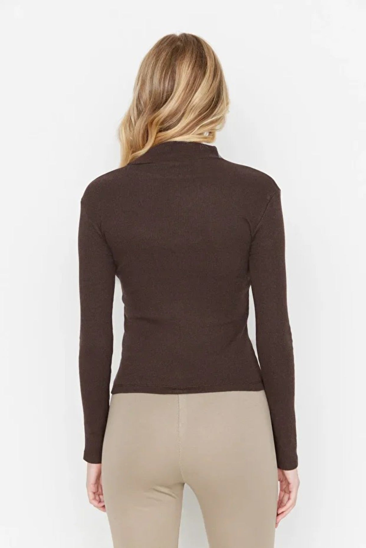 Fitted Stand Collar Long Sleeve Ribbed Knit Blouse