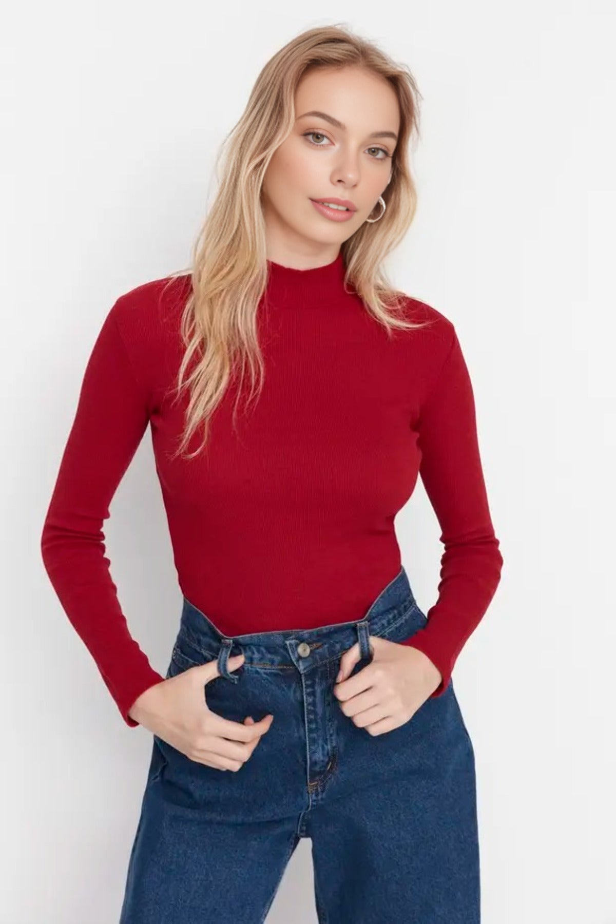 Fitted Stand Collar Long Sleeve Ribbed Knit Blouse