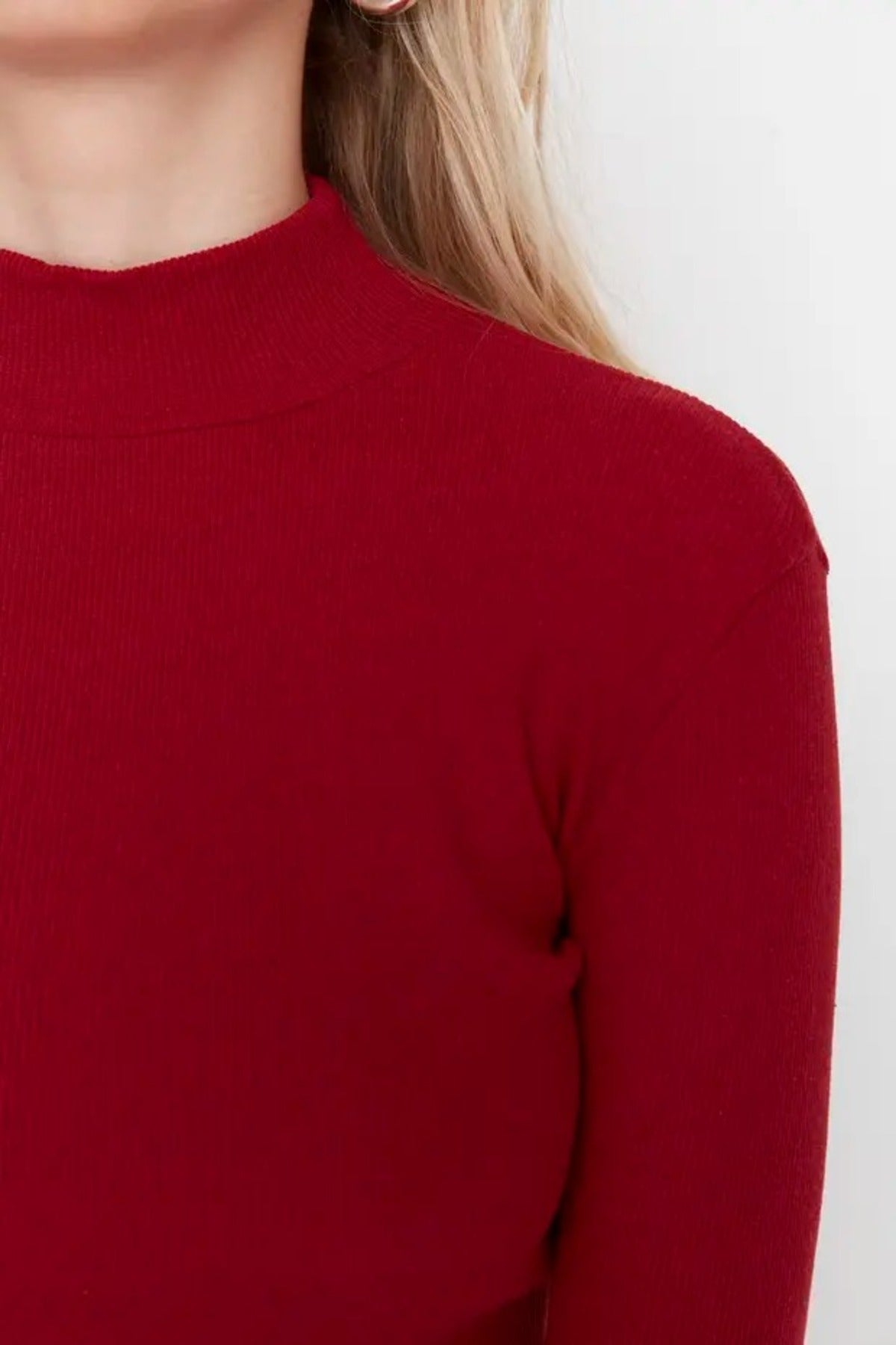 Fitted Stand Collar Long Sleeve Ribbed Knit Blouse