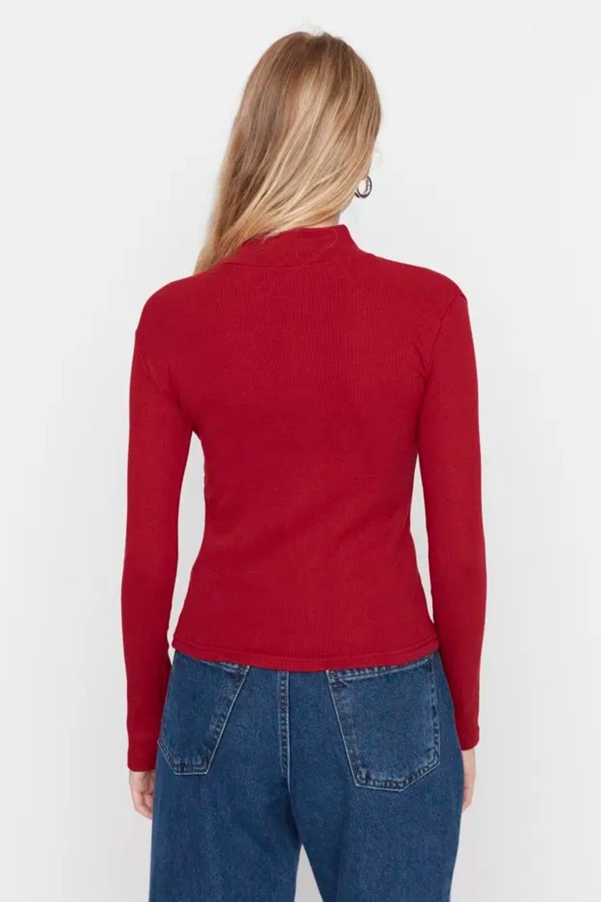 Fitted Stand Collar Long Sleeve Ribbed Knit Blouse