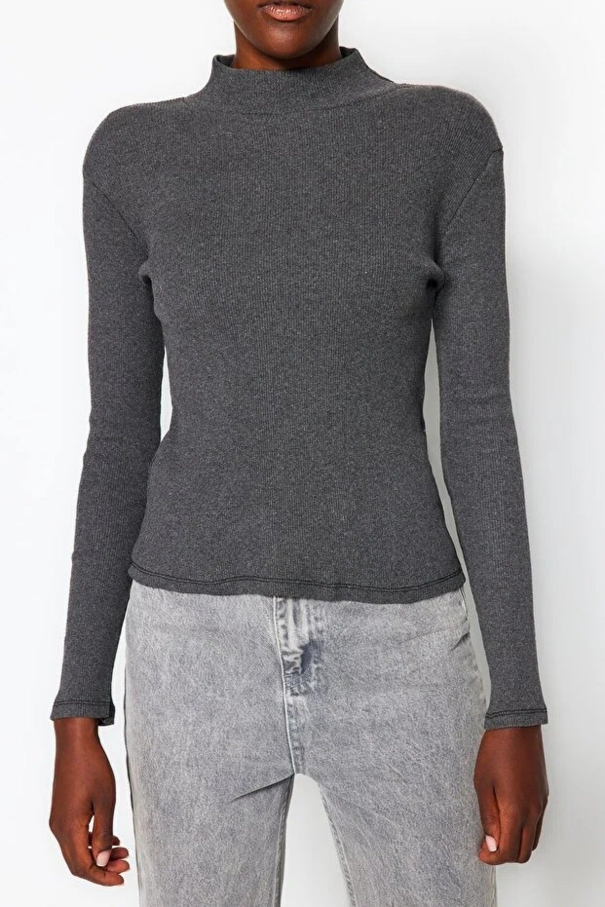 Fitted Stand Collar Long Sleeve Ribbed Knit Blouse