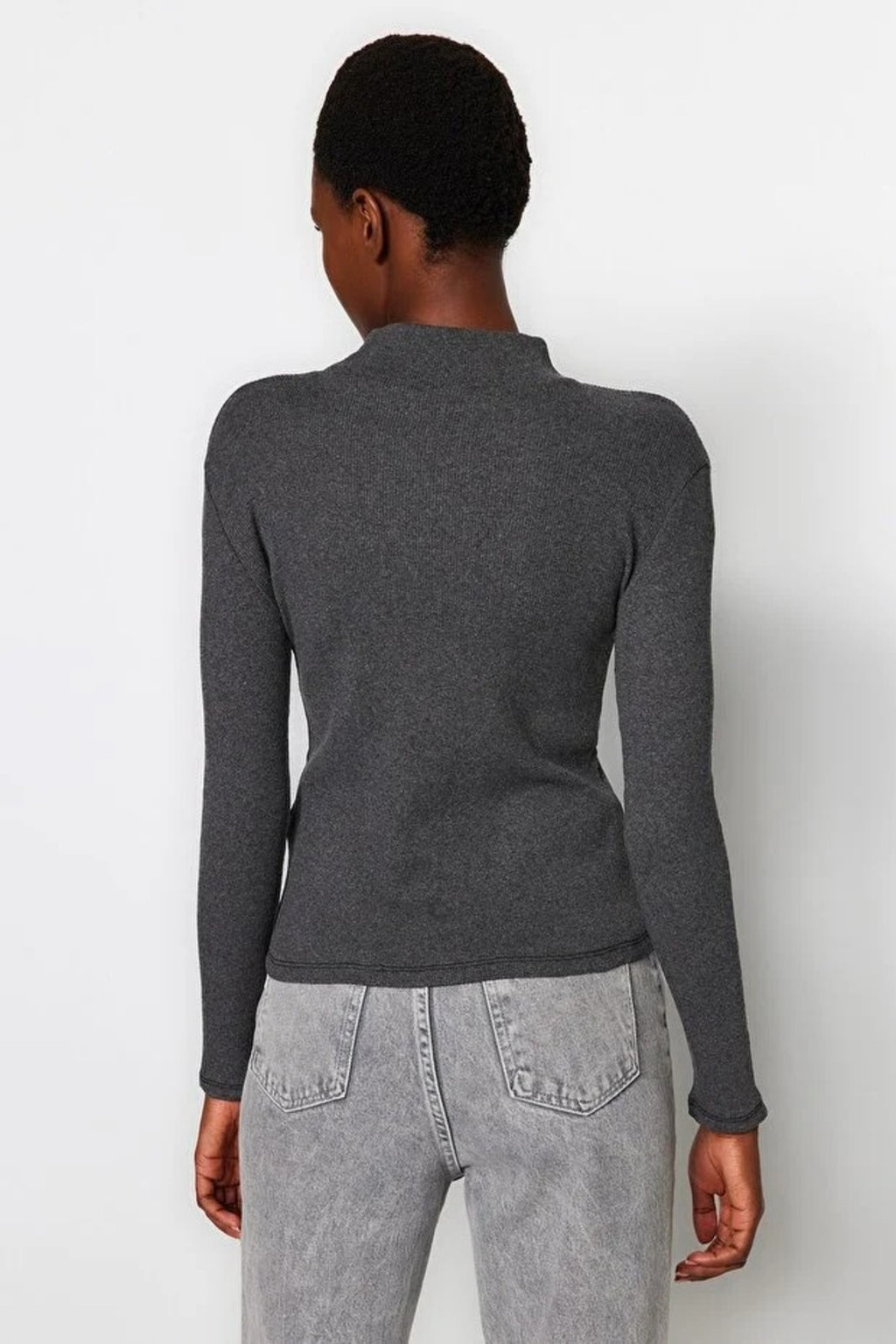 Fitted Stand Collar Long Sleeve Ribbed Knit Blouse