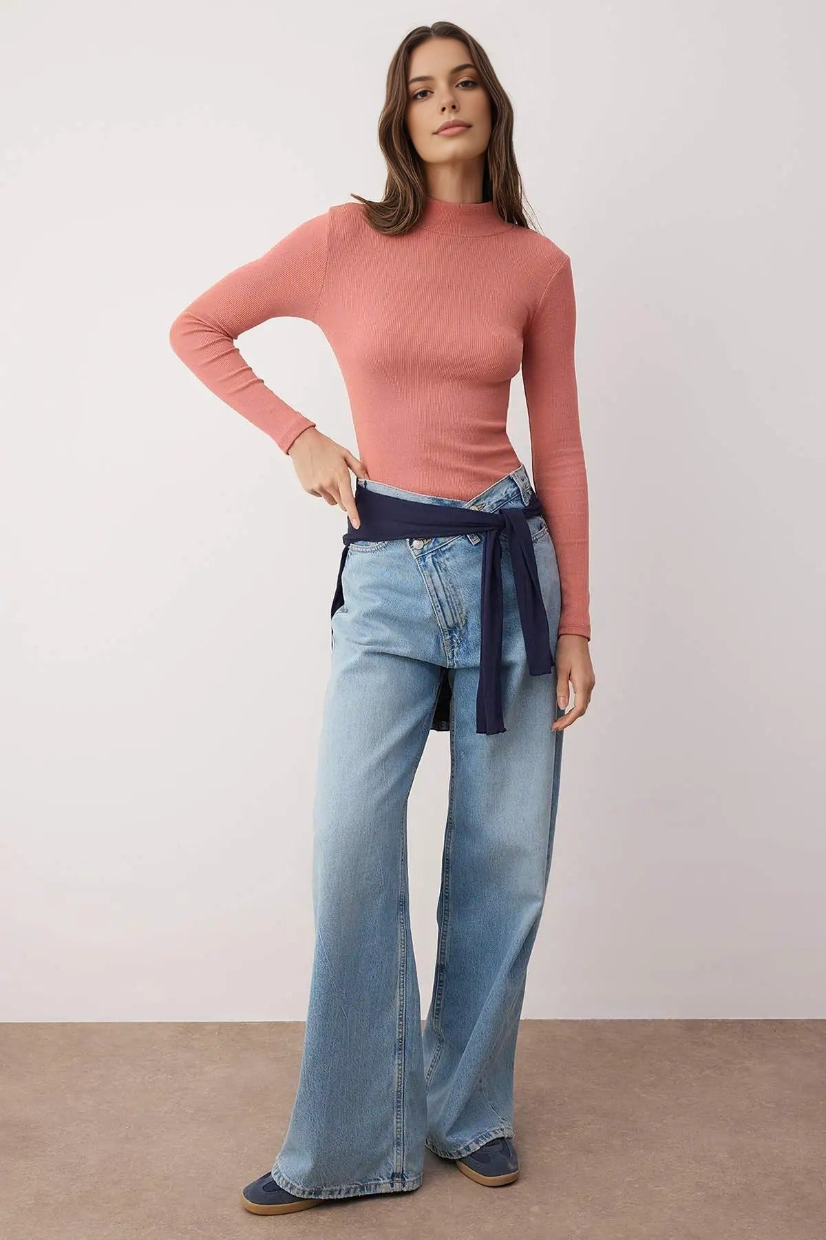 Fitted Stand Collar Long Sleeve Ribbed Knit Blouse