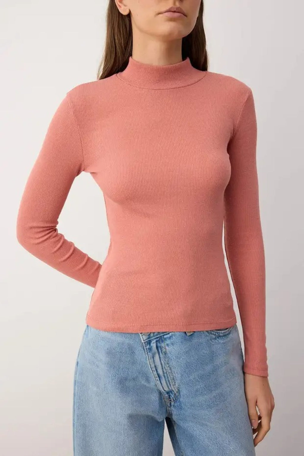 Fitted Stand Collar Long Sleeve Ribbed Knit Blouse