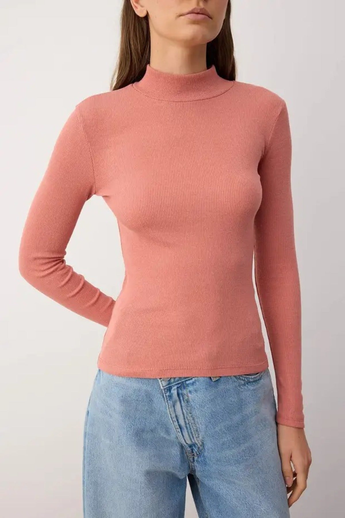 Fitted Stand Collar Long Sleeve Ribbed Knit Blouse