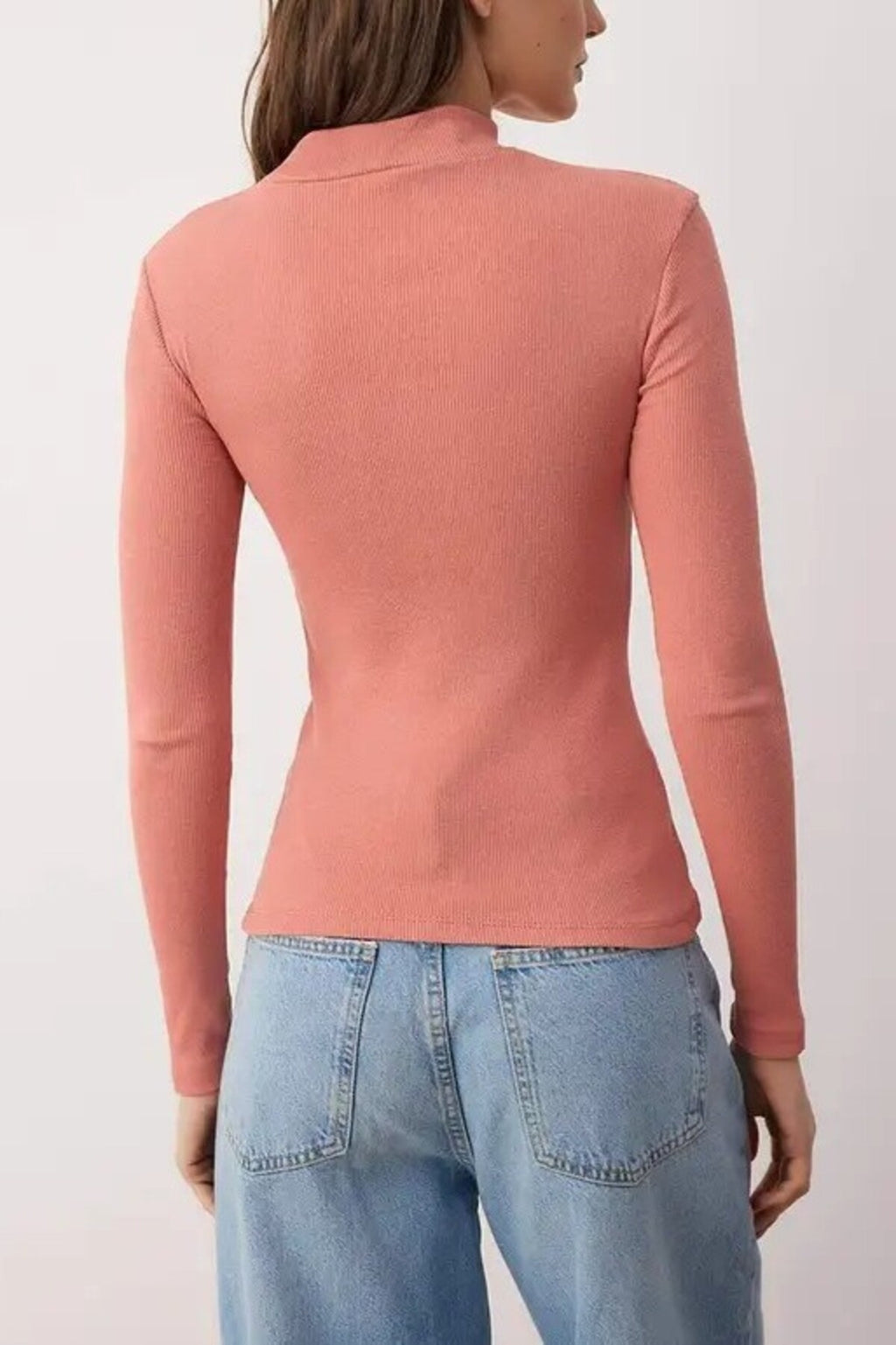 Fitted Stand Collar Long Sleeve Ribbed Knit Blouse