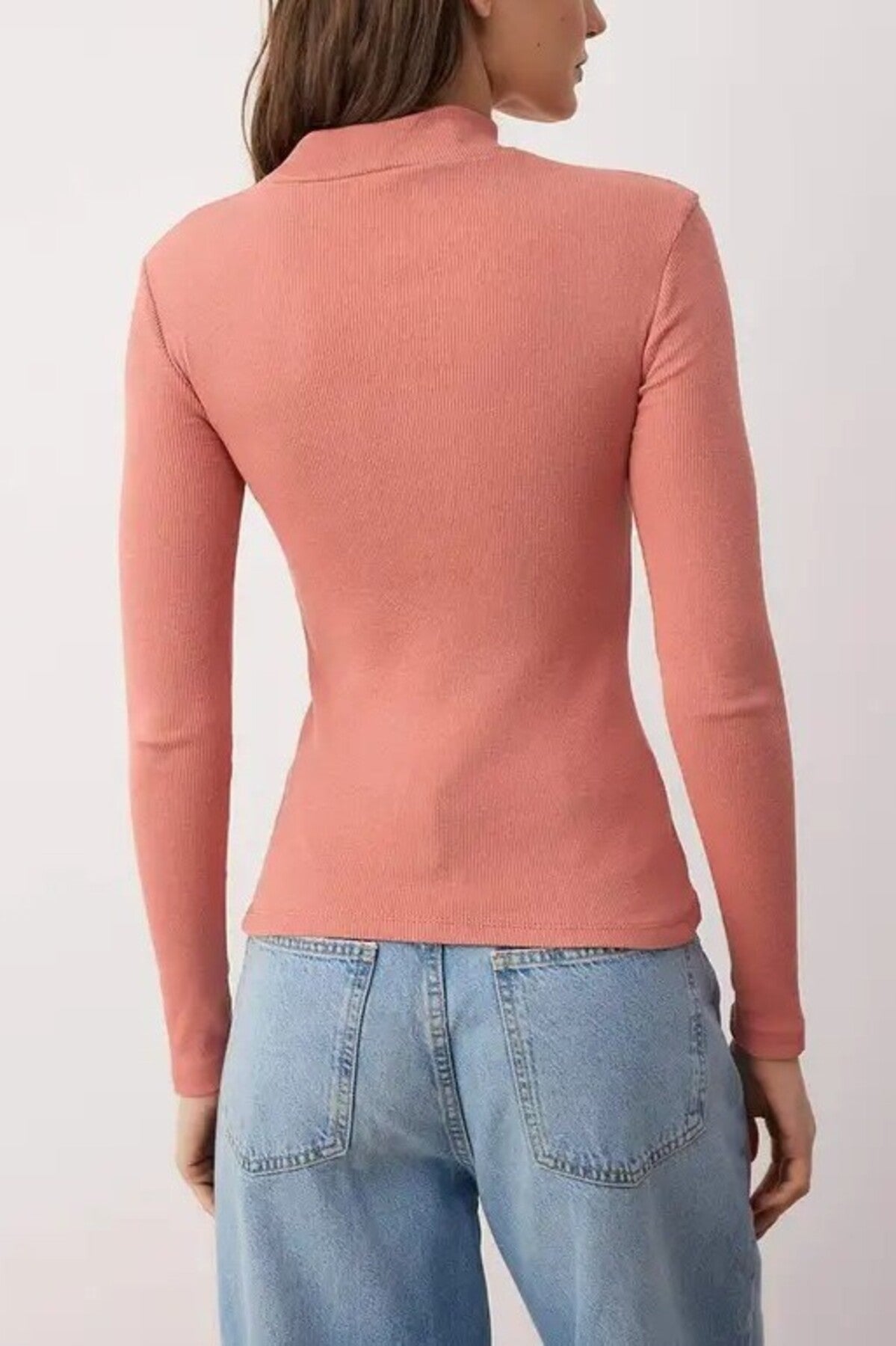 Fitted Stand Collar Long Sleeve Ribbed Knit Blouse