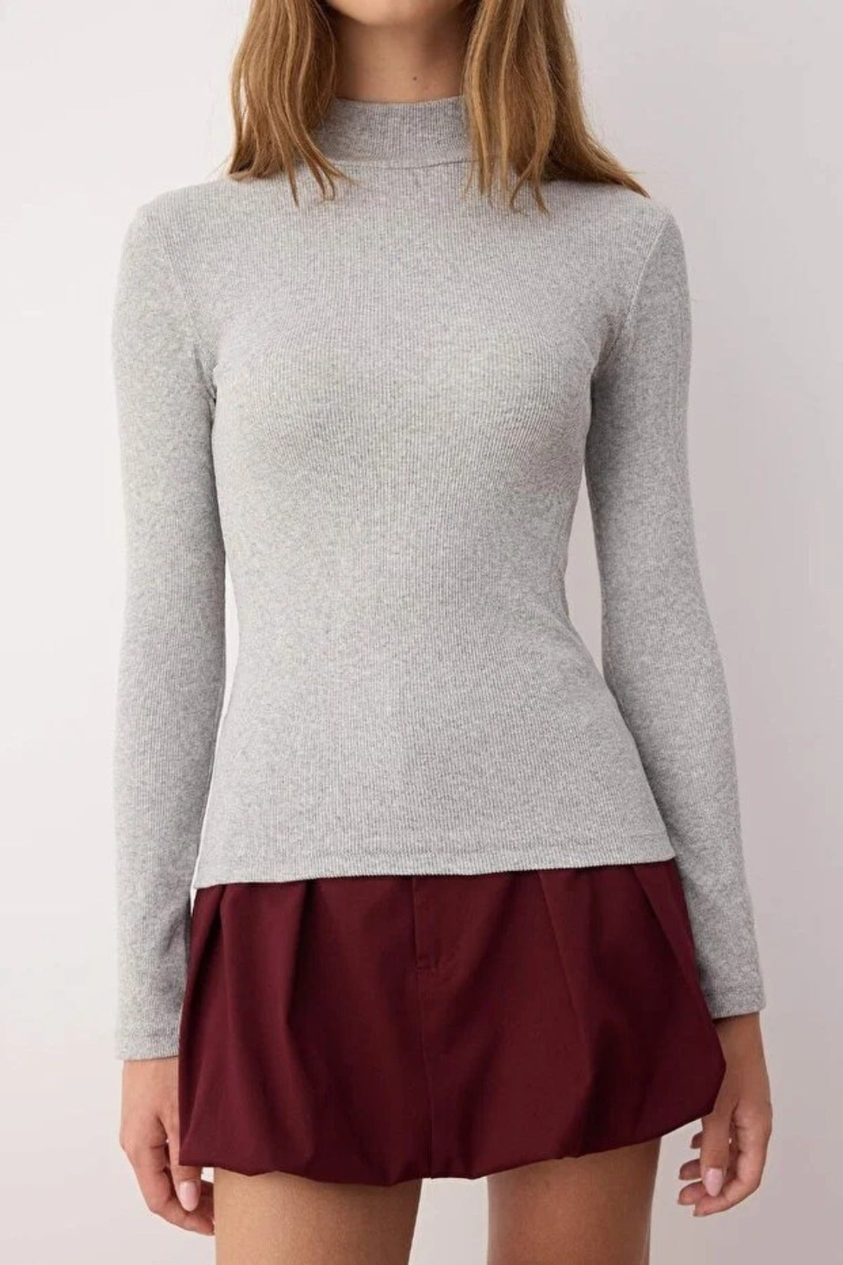 Fitted Stand Collar Long Sleeve Ribbed Knit Blouse