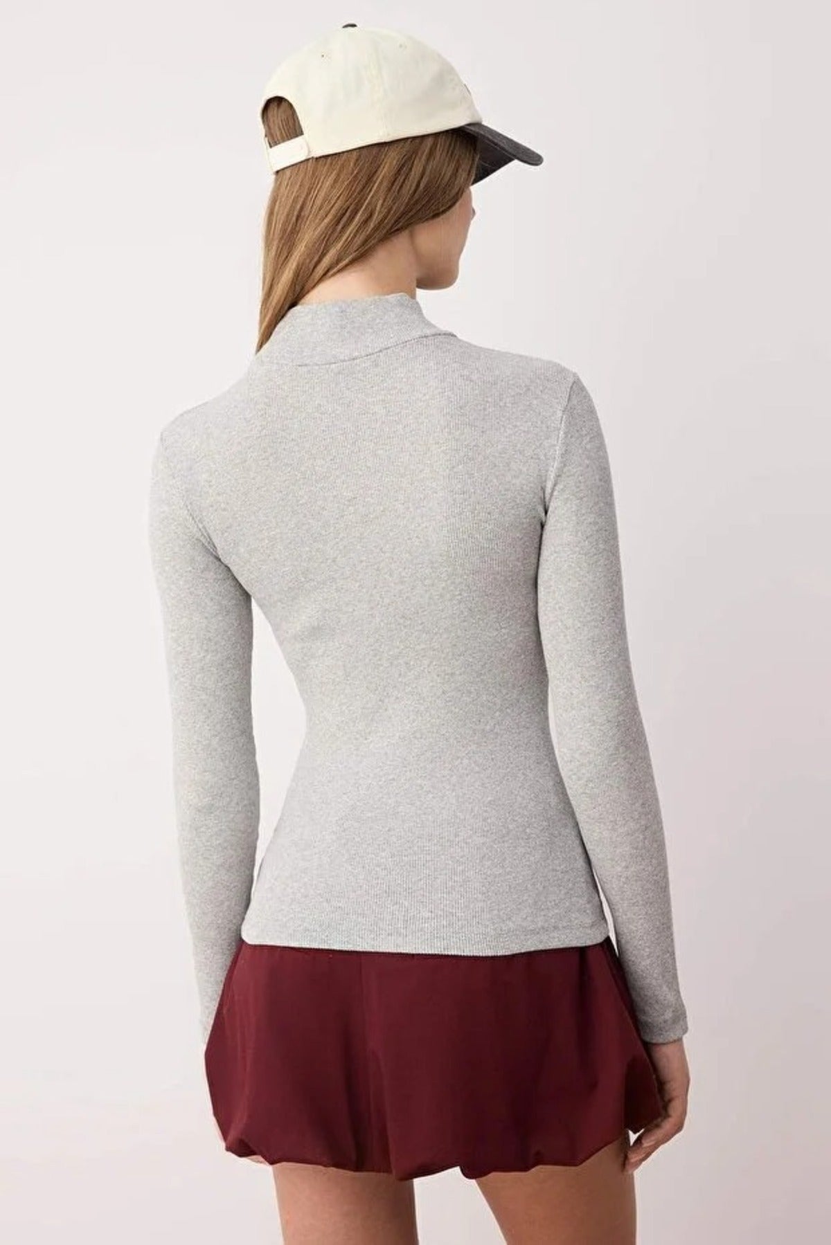 Fitted Stand Collar Long Sleeve Ribbed Knit Blouse