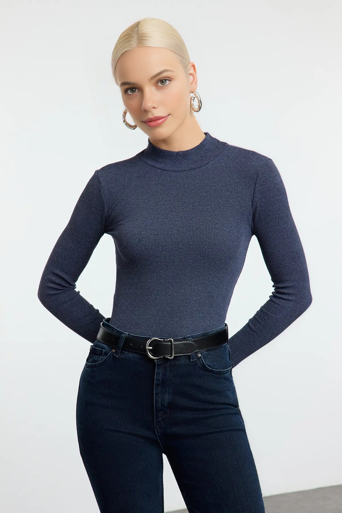 Fitted Stand Collar Long Sleeve Ribbed Knit Blouse