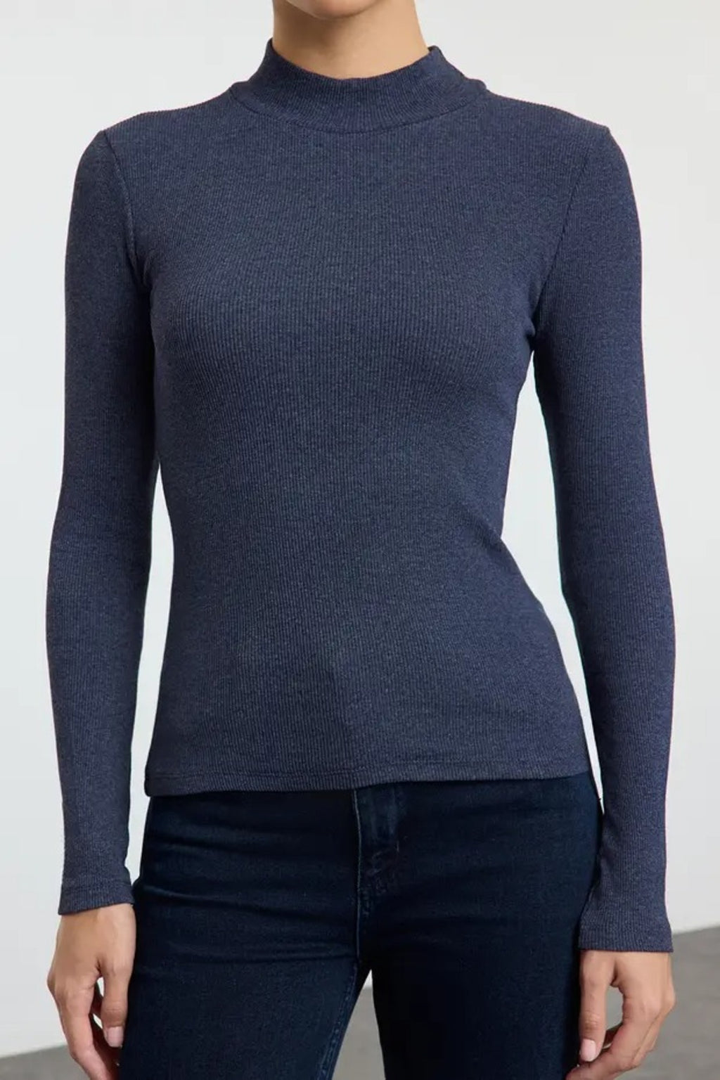 Fitted Stand Collar Long Sleeve Ribbed Knit Blouse