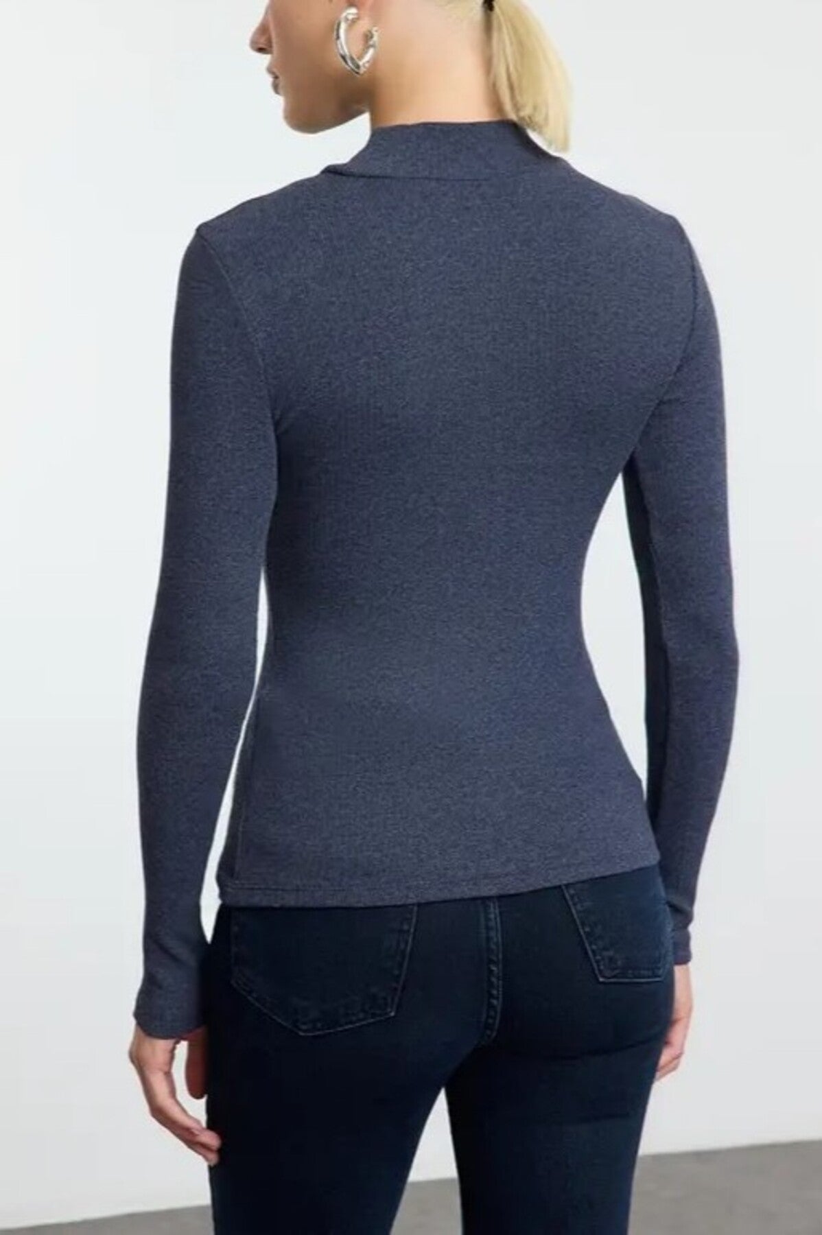 Fitted Stand Collar Long Sleeve Ribbed Knit Blouse