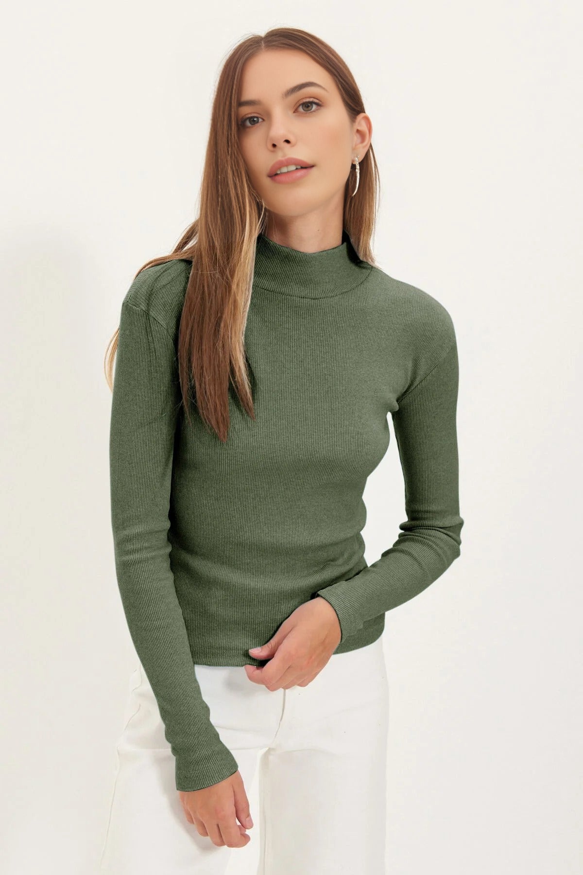 Fitted Stand Collar Long Sleeve Ribbed Knit Blouse