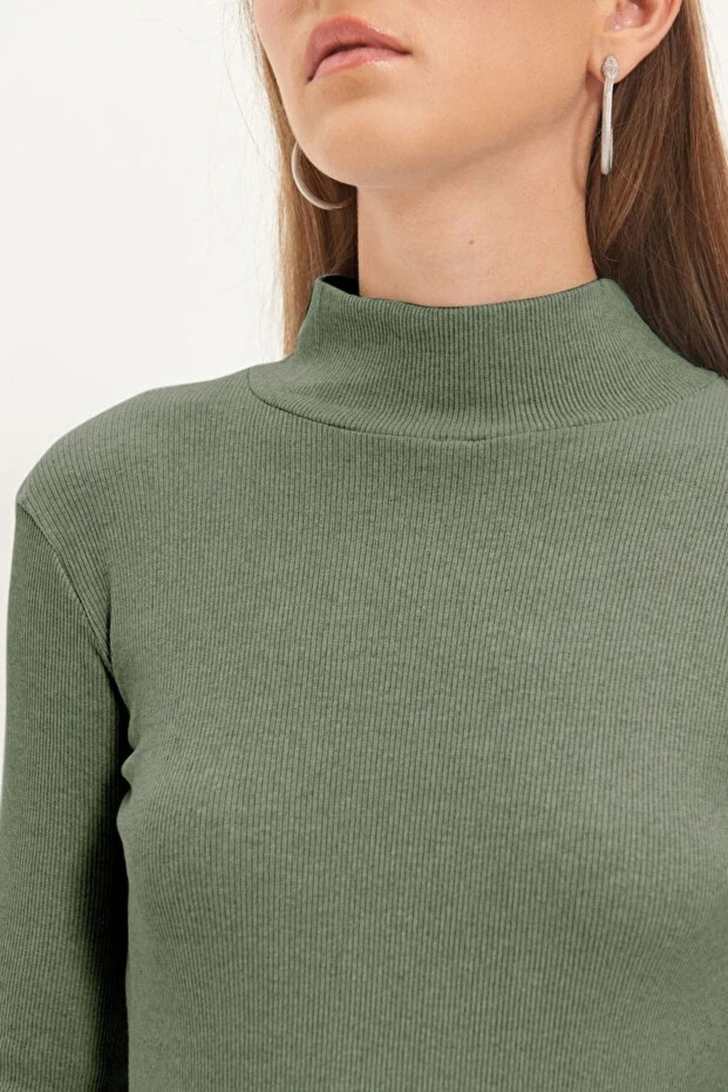 Fitted Stand Collar Long Sleeve Ribbed Knit Blouse