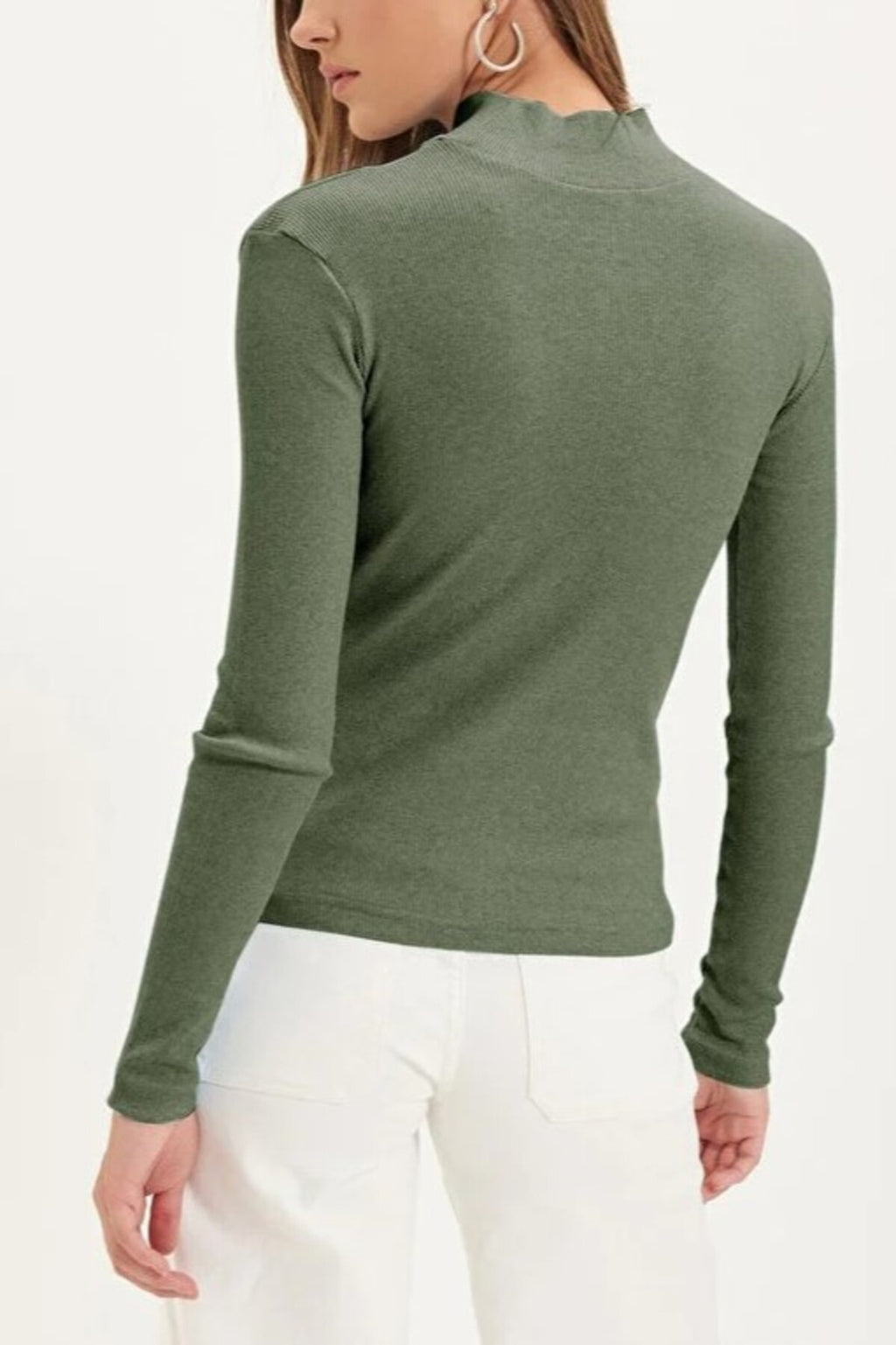 Fitted Stand Collar Long Sleeve Ribbed Knit Blouse